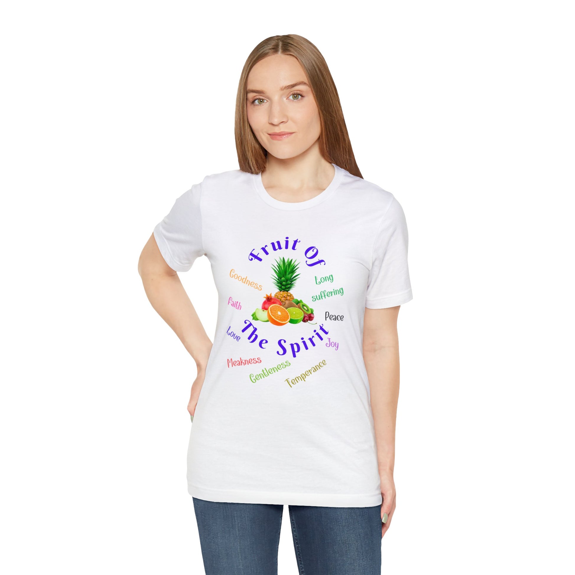 woman wearing colorful tee with fruit and reads- Fruit of the Spirit"- Christian women's tshirt, Bible gift, Scripture quote faith tee, Spiritual tee, gift for mom, teacher gift, religious tshirt -**see matching mug