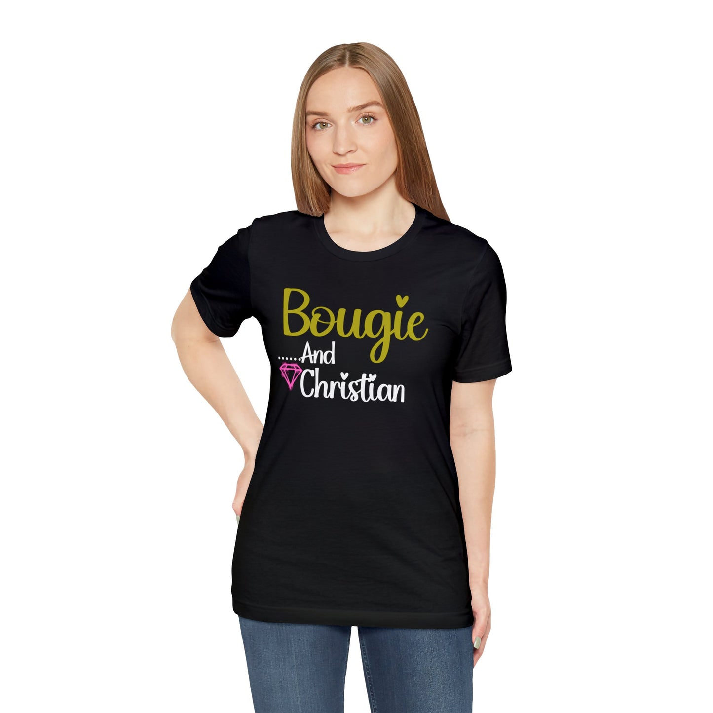 woman wearing black tee with colorful writing which reads-Bougie and Christian tshirt, gift for mom, church member gift, religious graphic tee, motivational tee, Religious women's t-shirt birthday tshirt. 