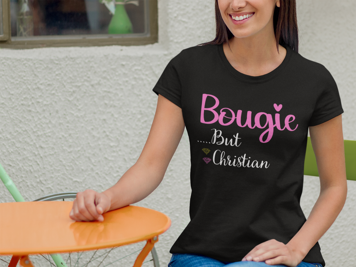 woman wearing tee that reads Bougie ...but Christian, gift for mom, friend, sister, funny religious woman's tee