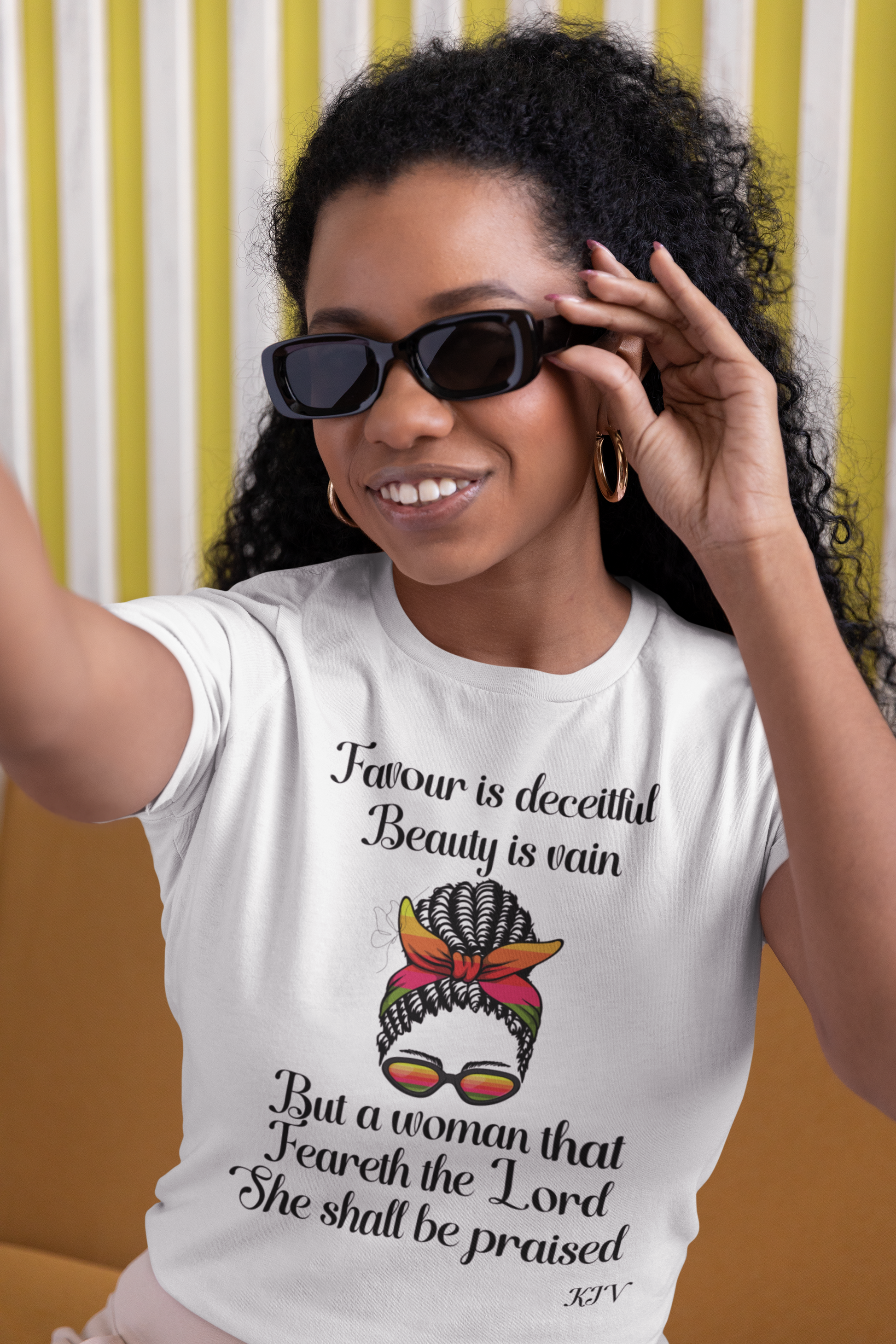 smiling woman wearing sunglasses and tee that reads-Virtuous Woman-Christian women's tee, Inspirational tee gift, Proverbs 31 woman tee, Faith tee, Jesus tshirt,