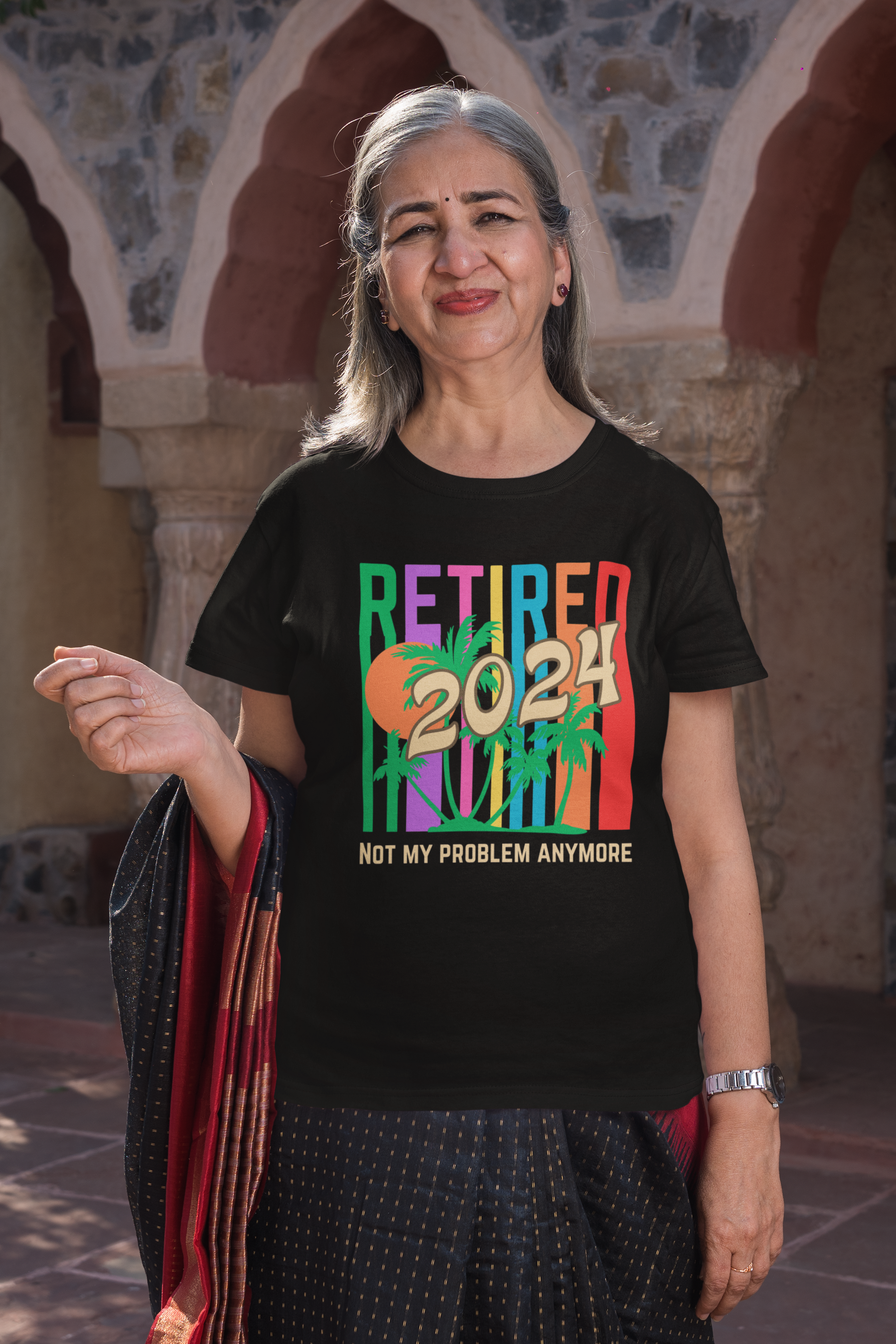 senior woman wearing tshirt that reads-Retired-Not my problem anymore- Unisex graphic tshirt, gift tee for teacher, gift for mom, retirement party gift tee, new life shirt .