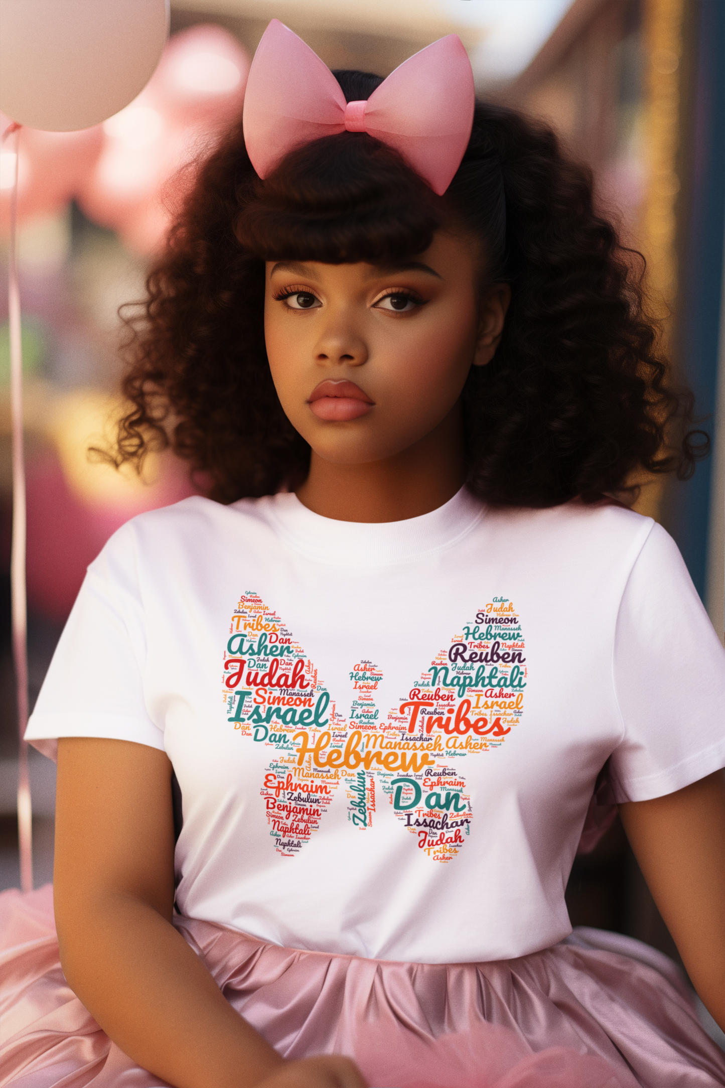 woman with bow on head wearing tee that reads-Tribes of Israel -tee perfect gift for Sabbath keepers, Passover tee gift , butterfly tee gift,