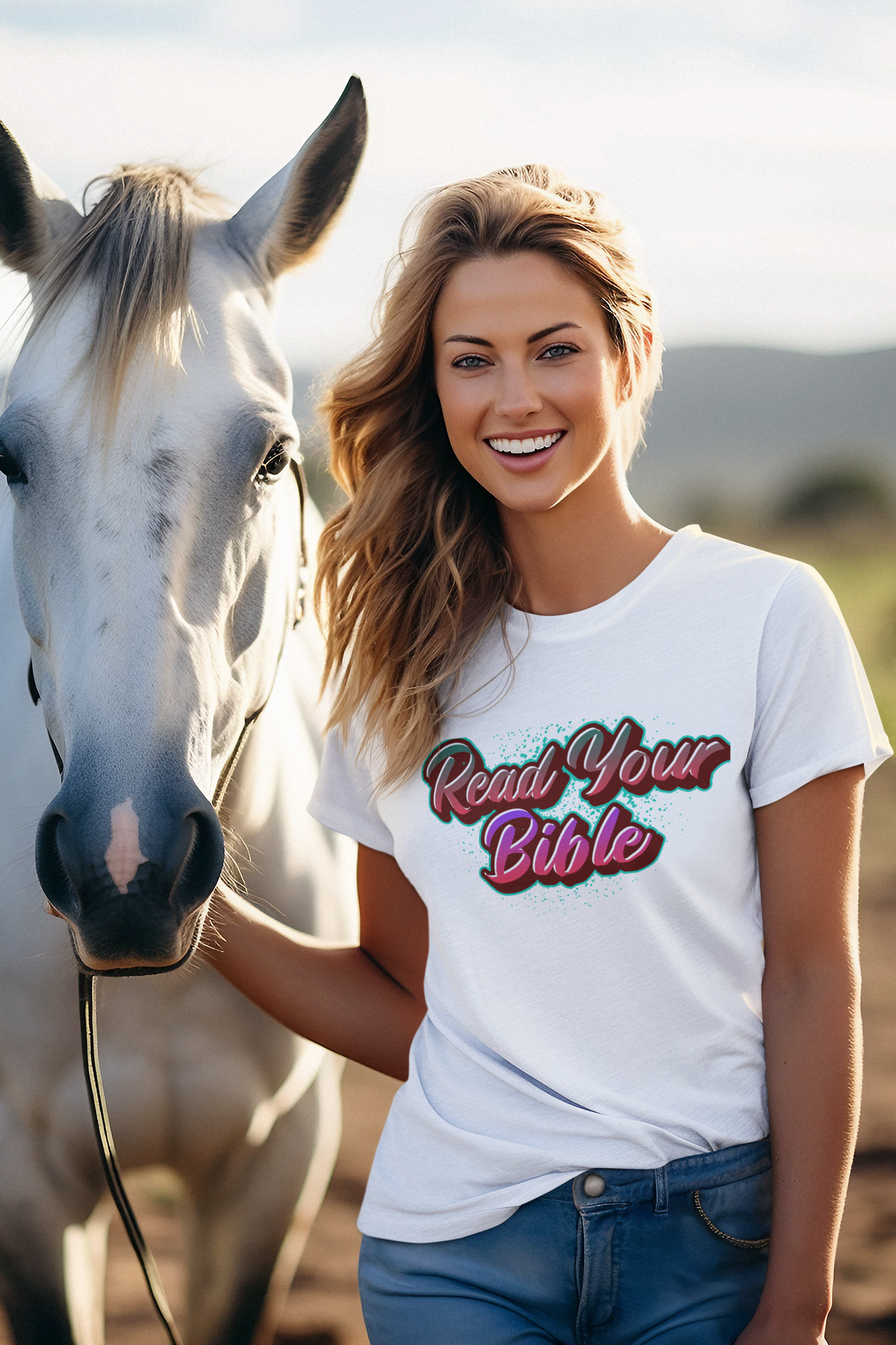 smiling woman on farm with horse, wearing tshirt that reads-Read your Bible-Inspirational tee for Christians, Bible gift tee, motivational gift for family, friend . many colors available.