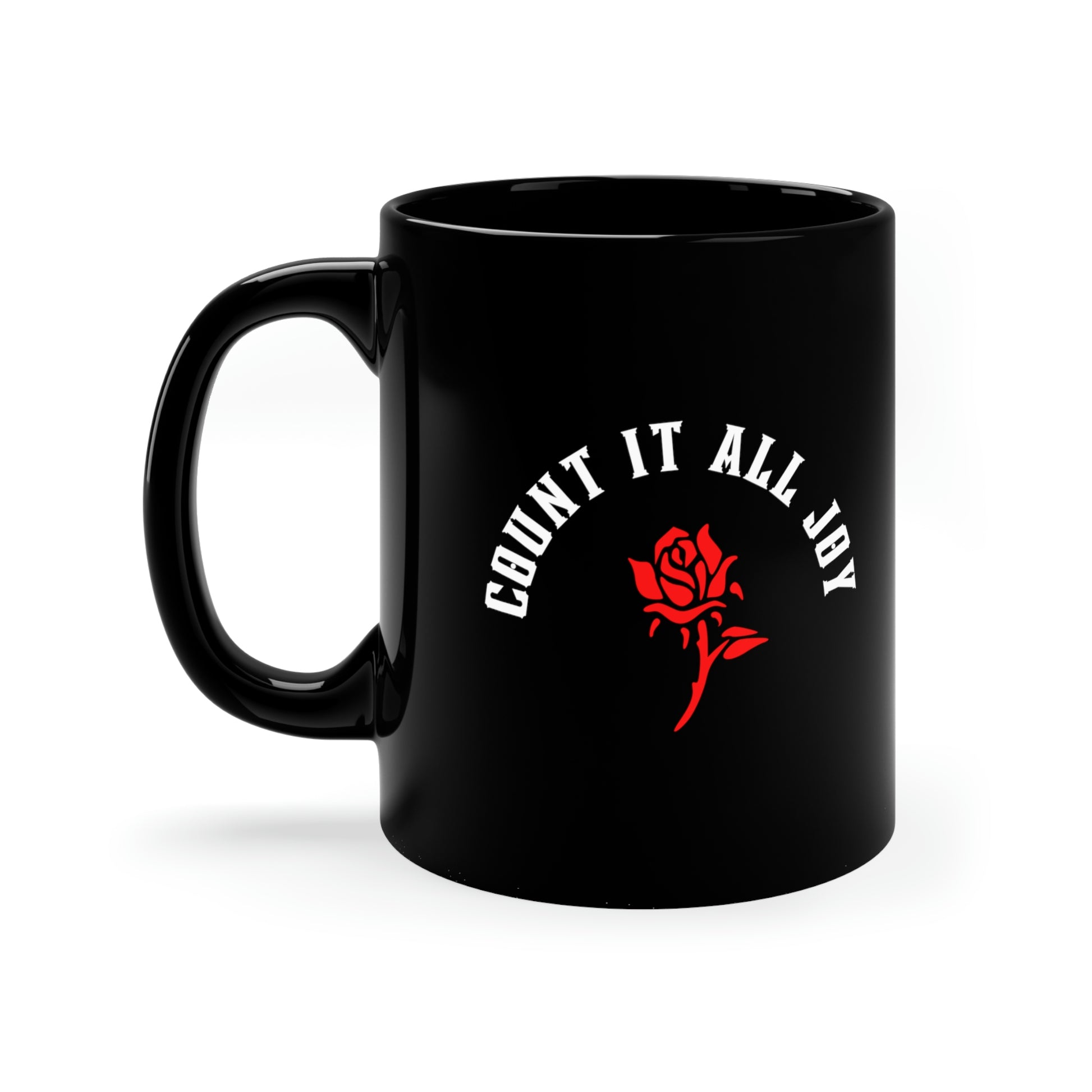 Black coffee mug with white letters and red rose, reads count it all joy, Bible verse coffee cup, pastor gift, graduation gift, nurse gift, mental health mug