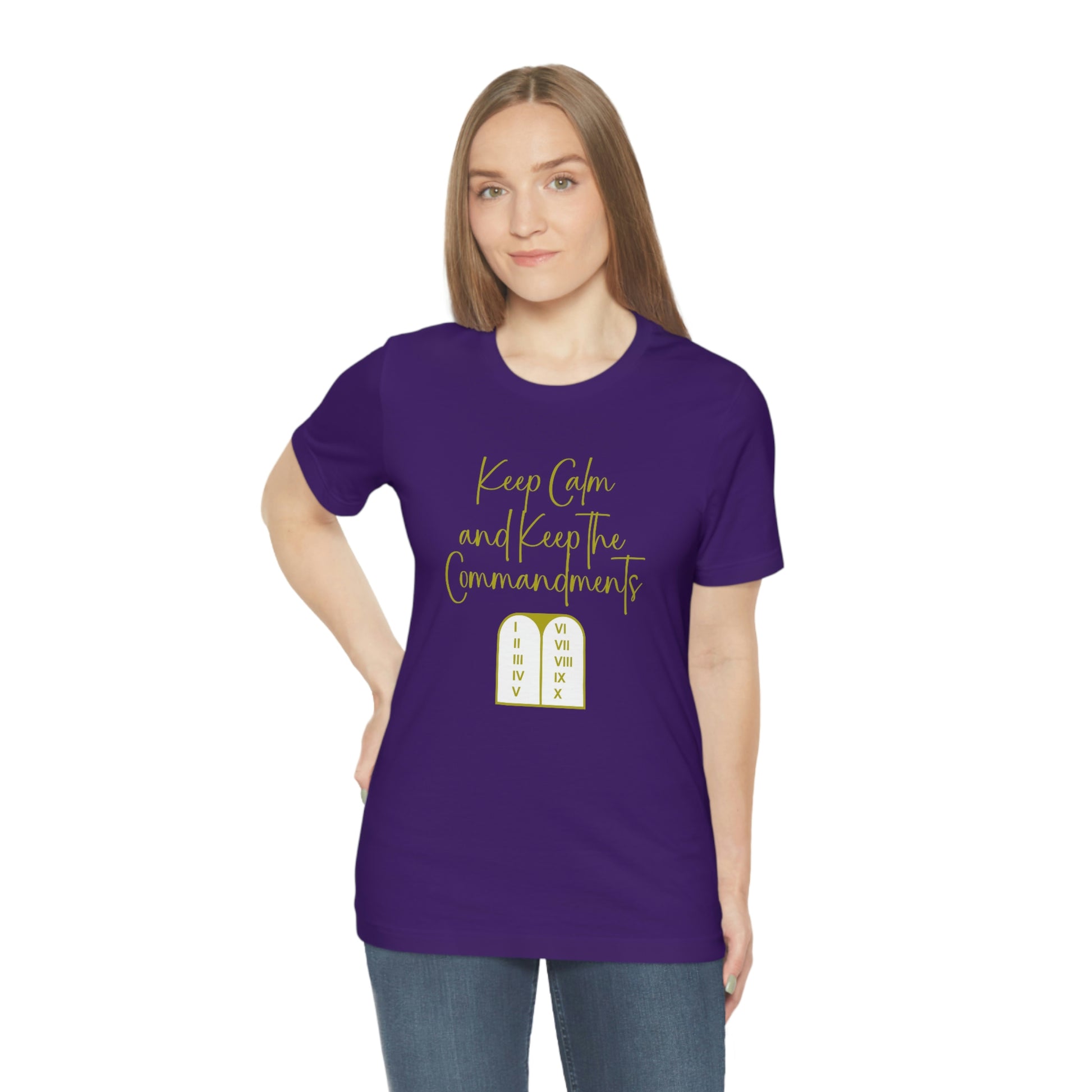 woman wearing tee that reads-Keep Calm and Keep the Commandments Christian t-shirt, Royal law tshirt, Jesus tee, faith shirt, Exodus tshirt, Bible gift, gift for mom or dad, family tshirt, Sabbath day tee, other colors available