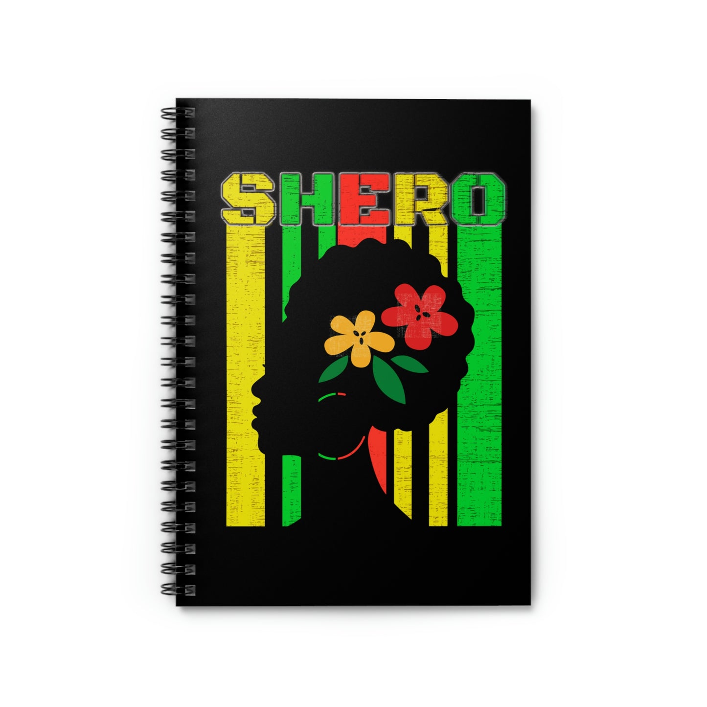 colorful notebook with black background, reads "SHERO", Natural hair stylist journal notebook, graphic of woan with afro, hoop earrings, and flowers in hair, *** See Matching Tee, Mug, Tote, and Mousepad, multiple color choices for this book, gift for Bible study note taking, Inspirational daily journal, Affirmations notebook, Christian gift, doodling book for students, Cosmetology student gift notebook, gift for hair stylist, salon desk office decor. Motivational notebook for poems.