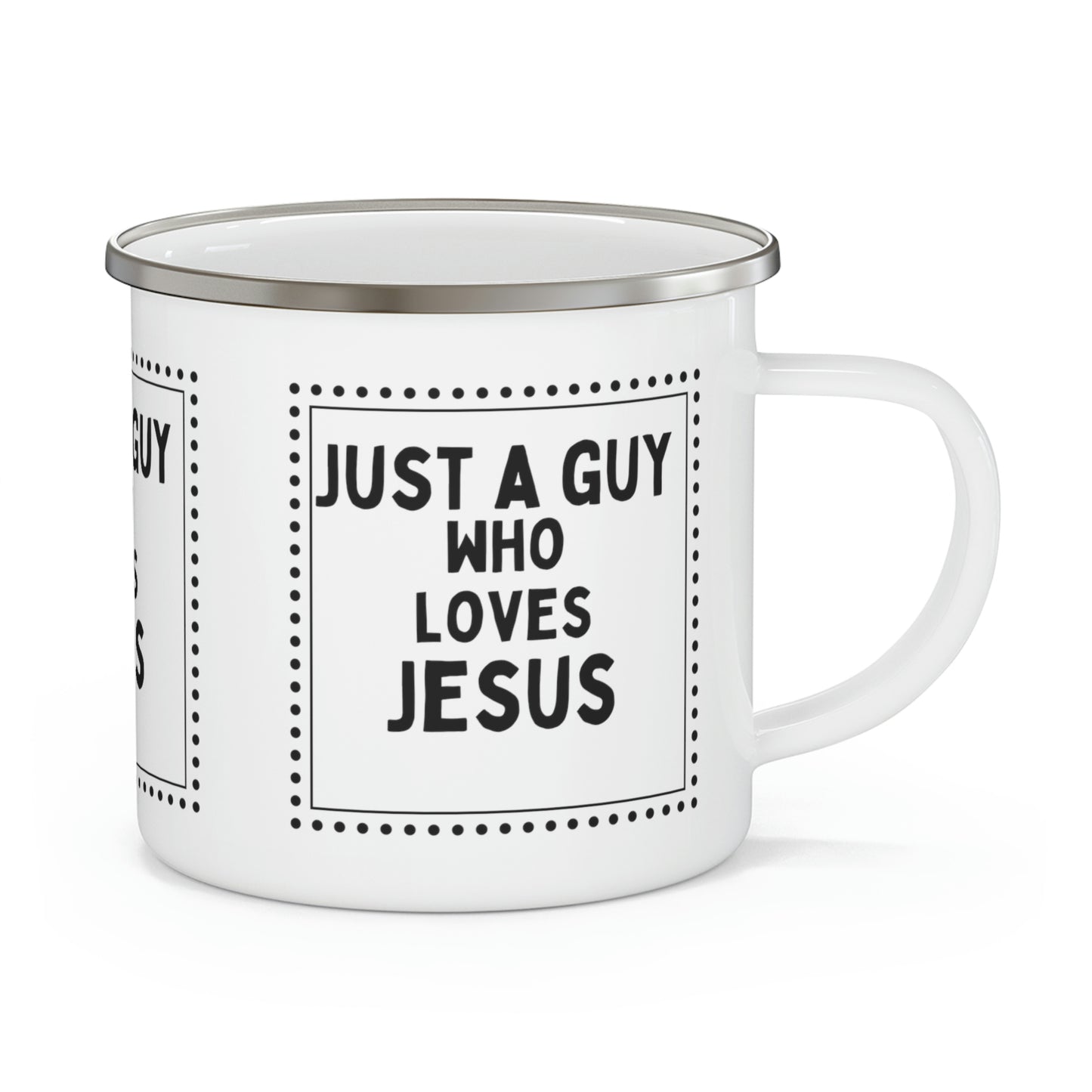 Christian Camping Mug that reads" Just a guy who loves Jesus", outdoor mug gift, *** See Matching Tee, gift for him, graduation gift, Bible present.