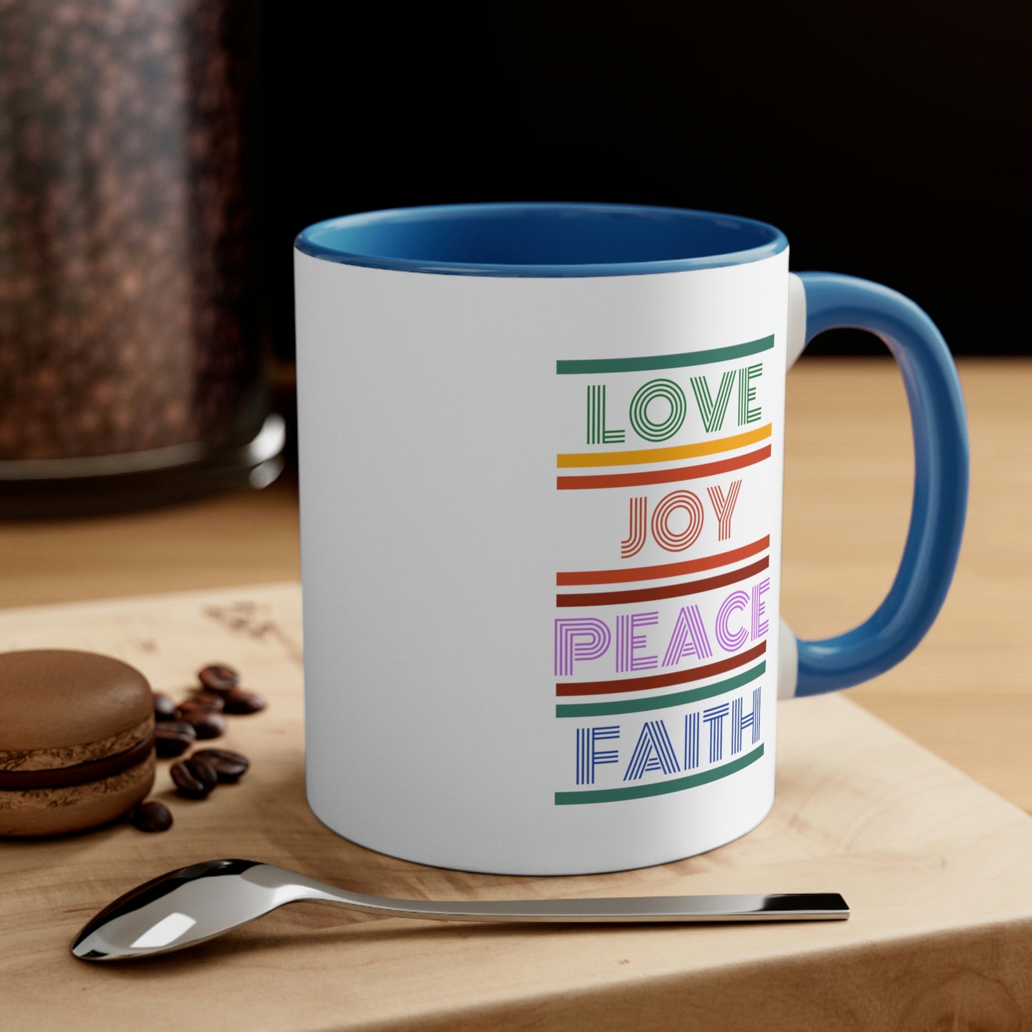 Christian Coffee Mug- Love Joy Peace Faith, Inspirational tea mug gift, religious coffee drinker mug, gift for pastor, faith mug