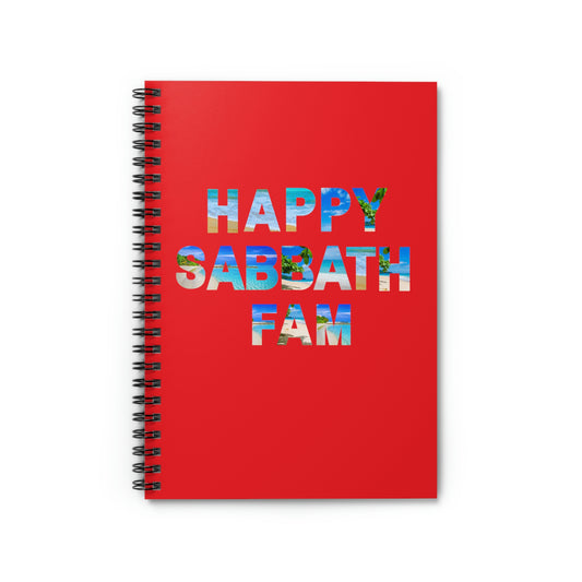 red notebook reads "Happy Sabbath Fam" ** See Matching Tee, Mug and Notebook, Sabbath dairy, Christian note taking journal, Feast dairy, Faith Scripture gift, gift for him or her, Gratitude journal, Bible 4th Commandments notebook, 7th Day Bible gift. 