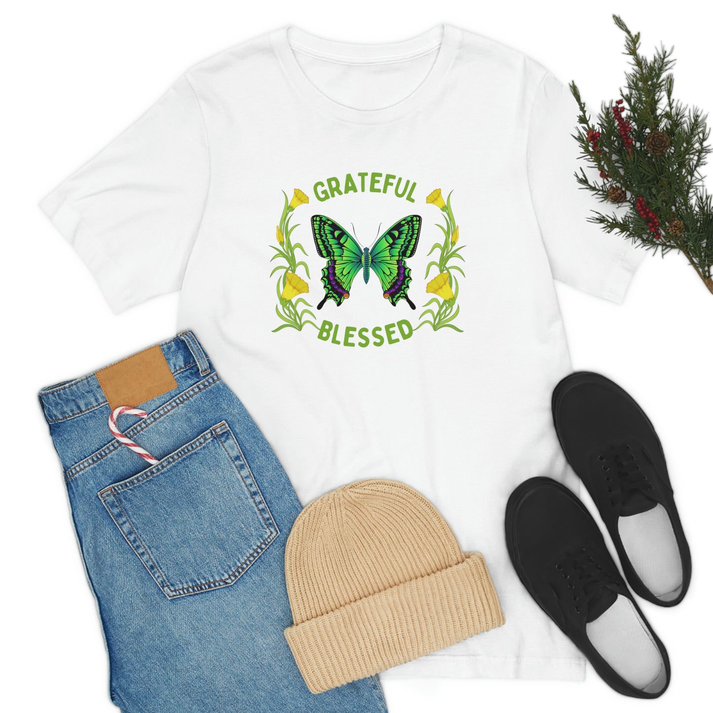 Grateful, Blessed-Christian women's butterfly tee, Bible gift, Inspirational t-shirt, gift for mom, motivational t-shirt