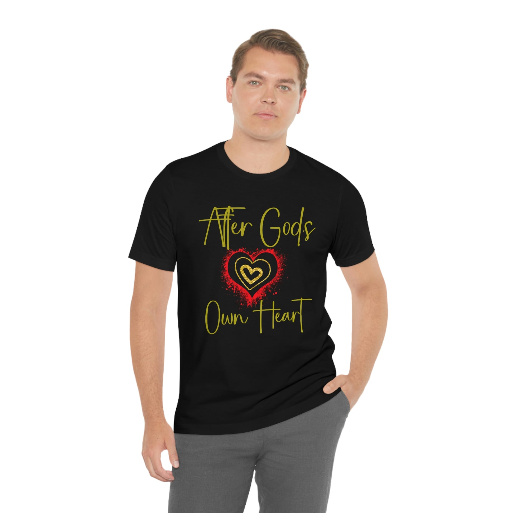 man wearing tee with 3 ring heart saying After God's own heart