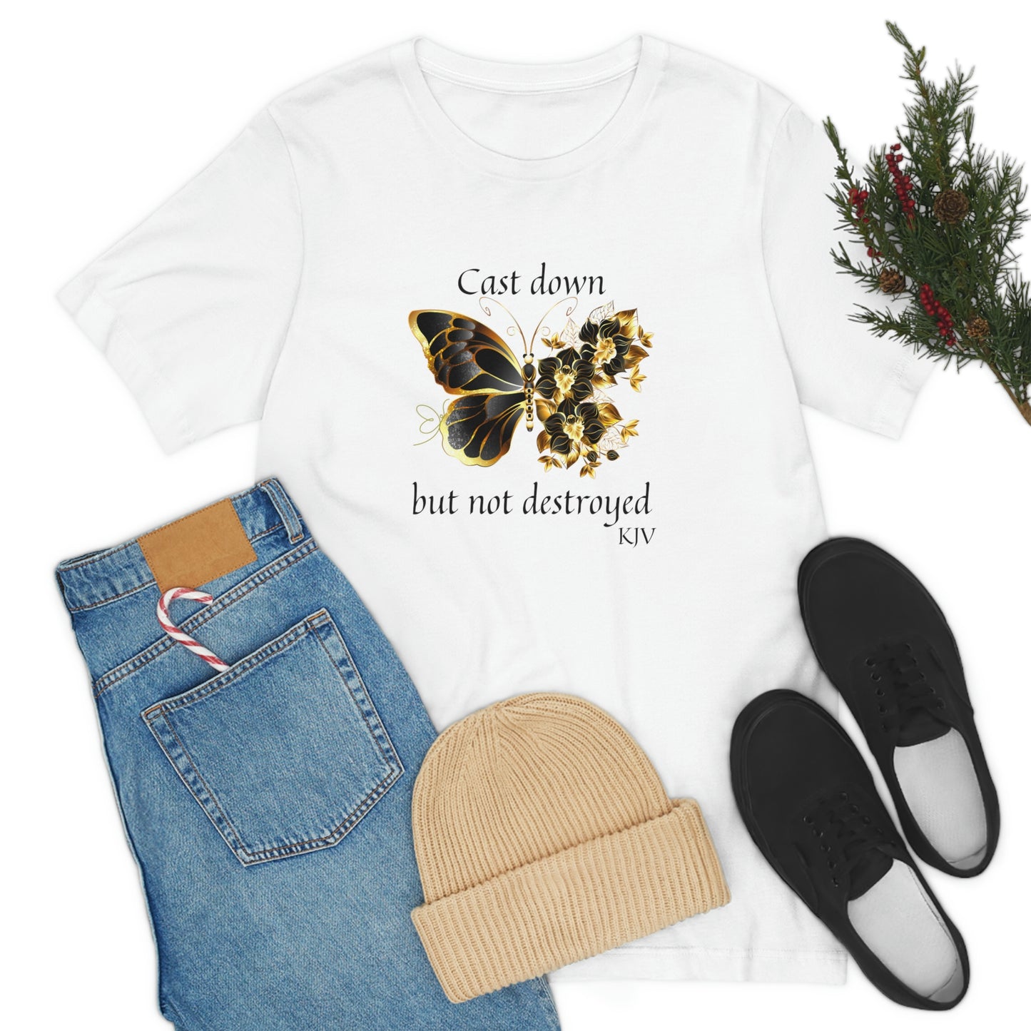 Cast down, but not Destroyed Christian women's tshirt , butterfly lovers tee, mental health tshirt, self love t-shirt, Bible gift, Jesus shirt, faith tee