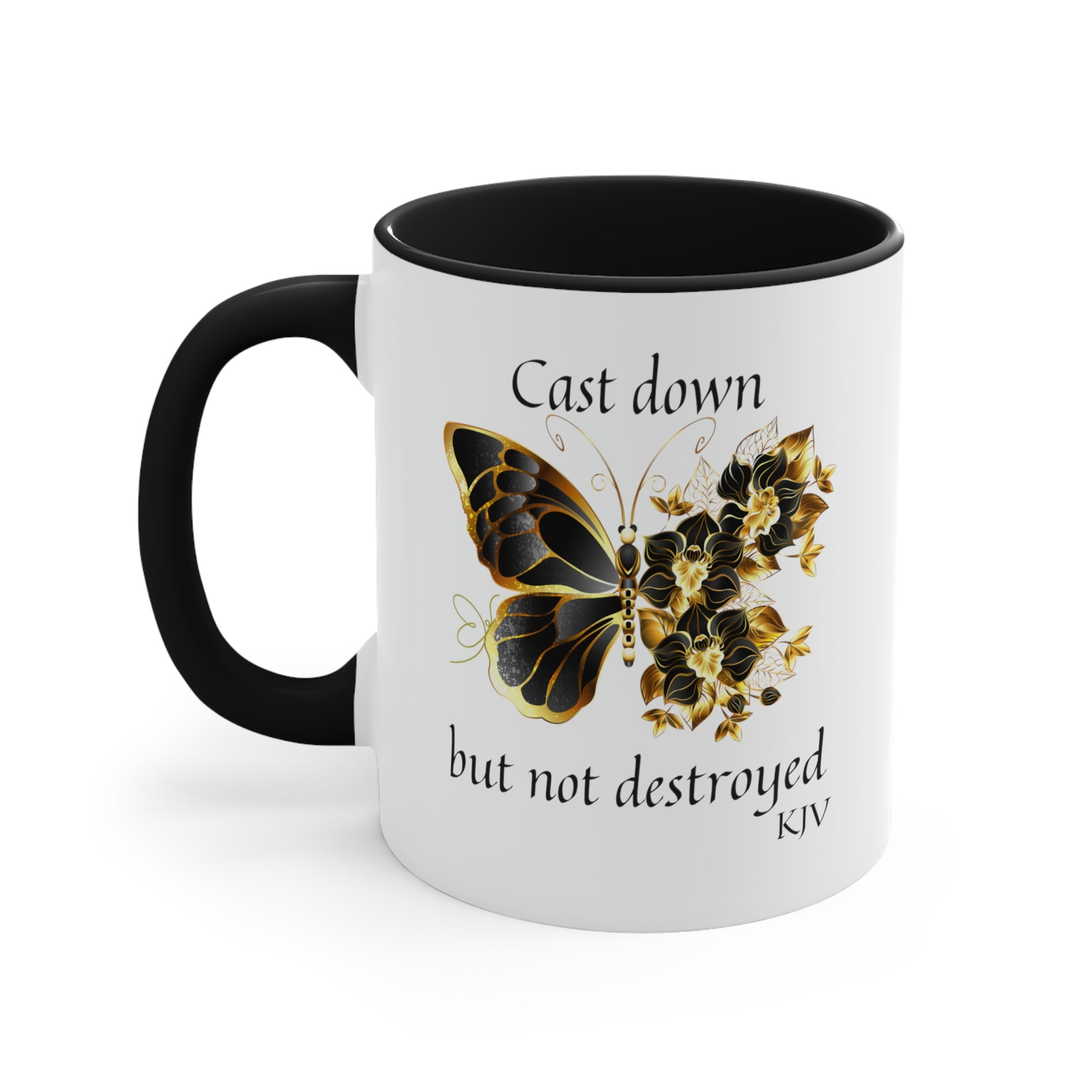 Christian butterfly mug, reads "Cast down but not destroyed",*** See Matching Tee, Notebook and Mousepad, butterfly lovers mug, Motivational mug gift, gift for mom or sister, friend mug, Bible study gift. 