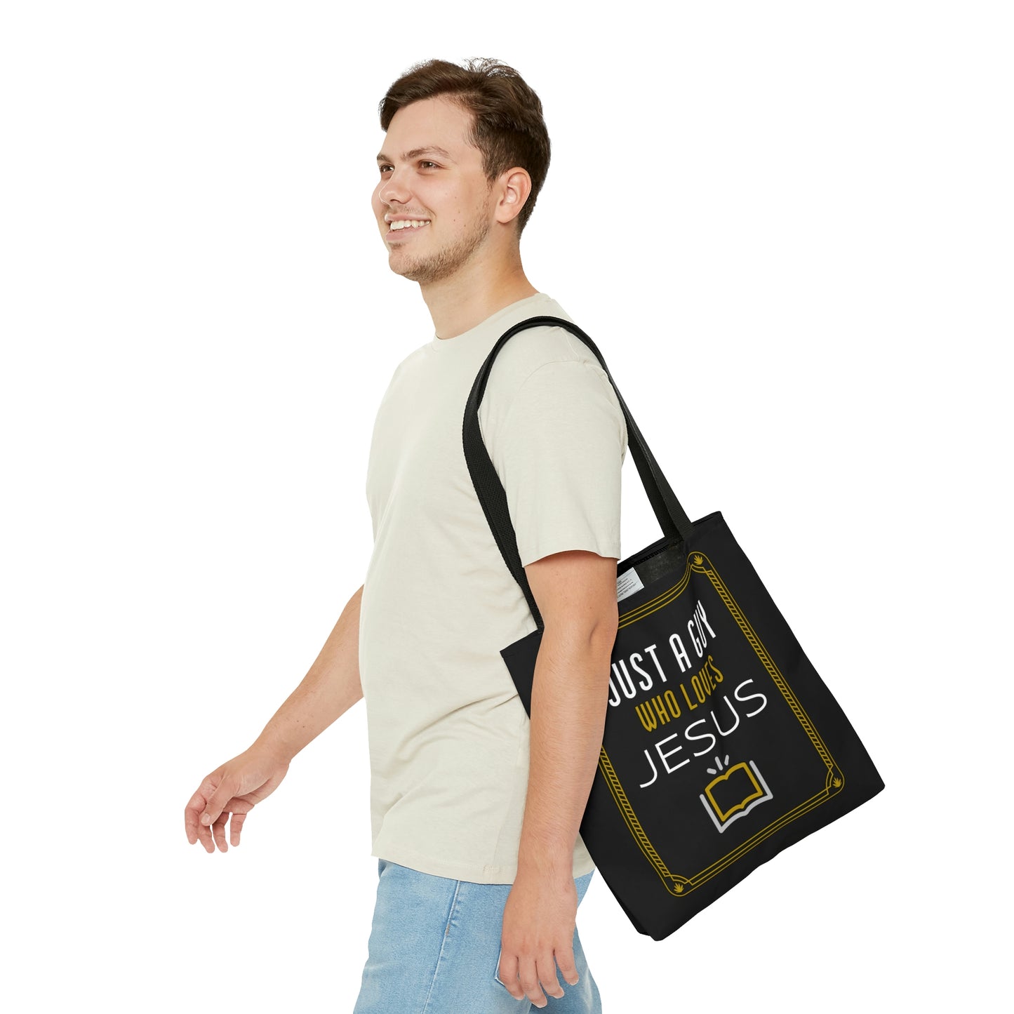 Religious Tote Bag -Just a guy who loves Jesus, Christian man's tote bag gift, Bible bag, gift for Dad, Pastor, Brother, Son, Church member, graduation