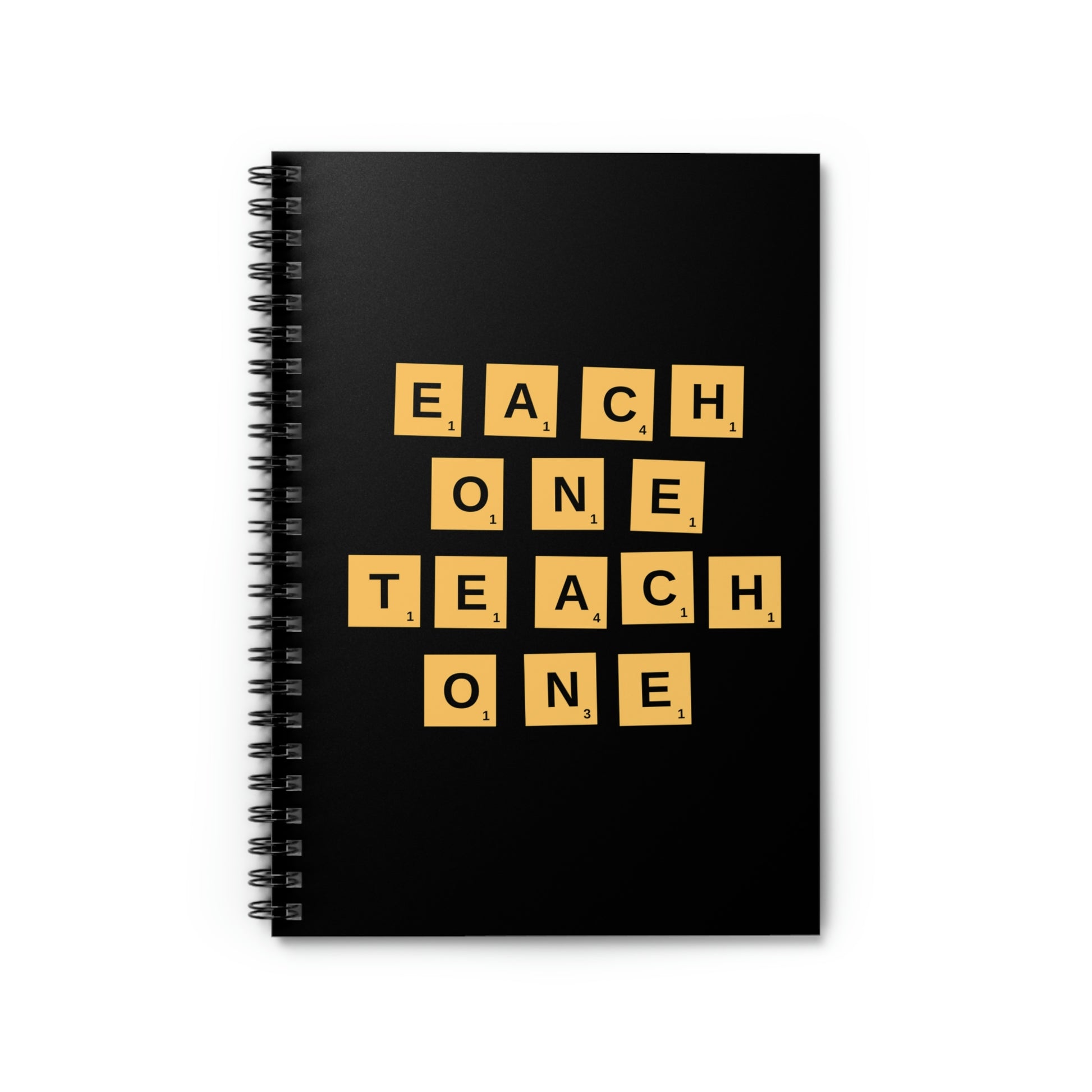 black notebook with tan letters reads "Each one, teach one"*** See Matching Mug, Teacher journal, student motivational&nbsp; dairy, Affirmation study tool, Church note taking notebook, gift for him or her, Bible study journal. Black History Month journal. 