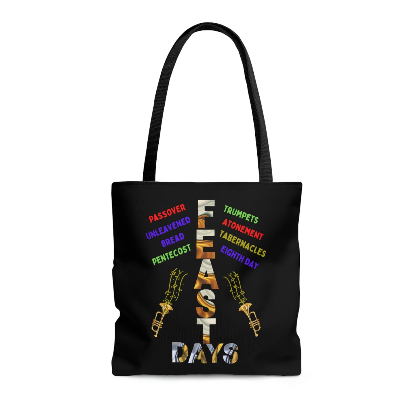 tote bag, colorful, Biblica Feats written in different colors, reads "Feast Days" ** See Matching Tee, Notebook, Mug and Mousepad, gift for Christians, Bible feast days tote bag gift, Passover gift bag, 10 Commandments tote bag, Baptism gift, teacher gift tote bag, Sabbath keepers tote, This is a practical, high-quality all over print Tote Bag with comfort and style.