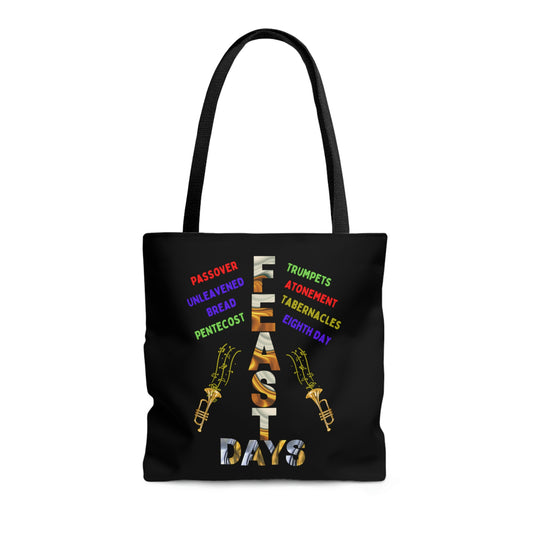 tote bag, colorful, Biblica Feats written in different colors, reads "Feast Days" ** See Matching Tee, Notebook, Mug and Mousepad, gift for Christians, Bible feast days tote bag gift, Passover gift bag, 10 Commandments tote bag, Baptism gift, teacher gift tote bag, Sabbath keepers tote, This is a practical, high-quality all over print Tote Bag with comfort and style.