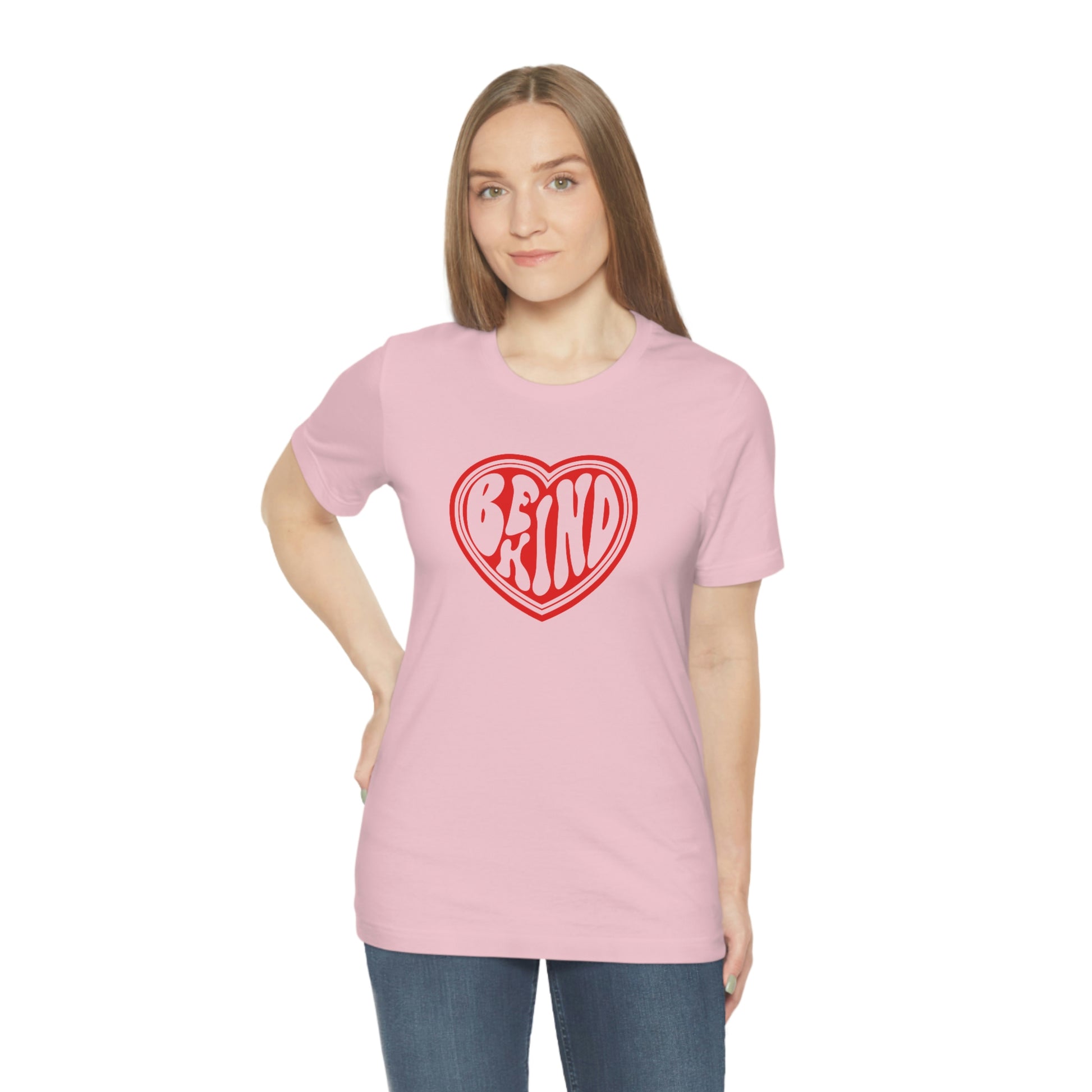 woman wearing tee that reads "Be Kind" gift for family, friend, teacher, student, available in many colors