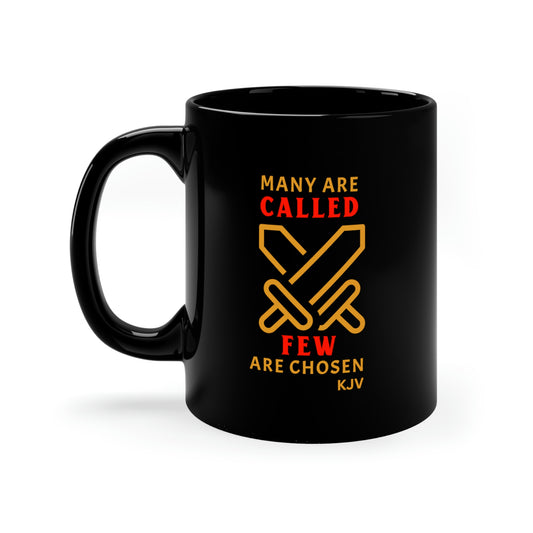 black coffee mug with gold and red letters reading "many are called, few are chosen, perfect gift for Pastors, Deacons, Seminary students, graduates, gift for him or her