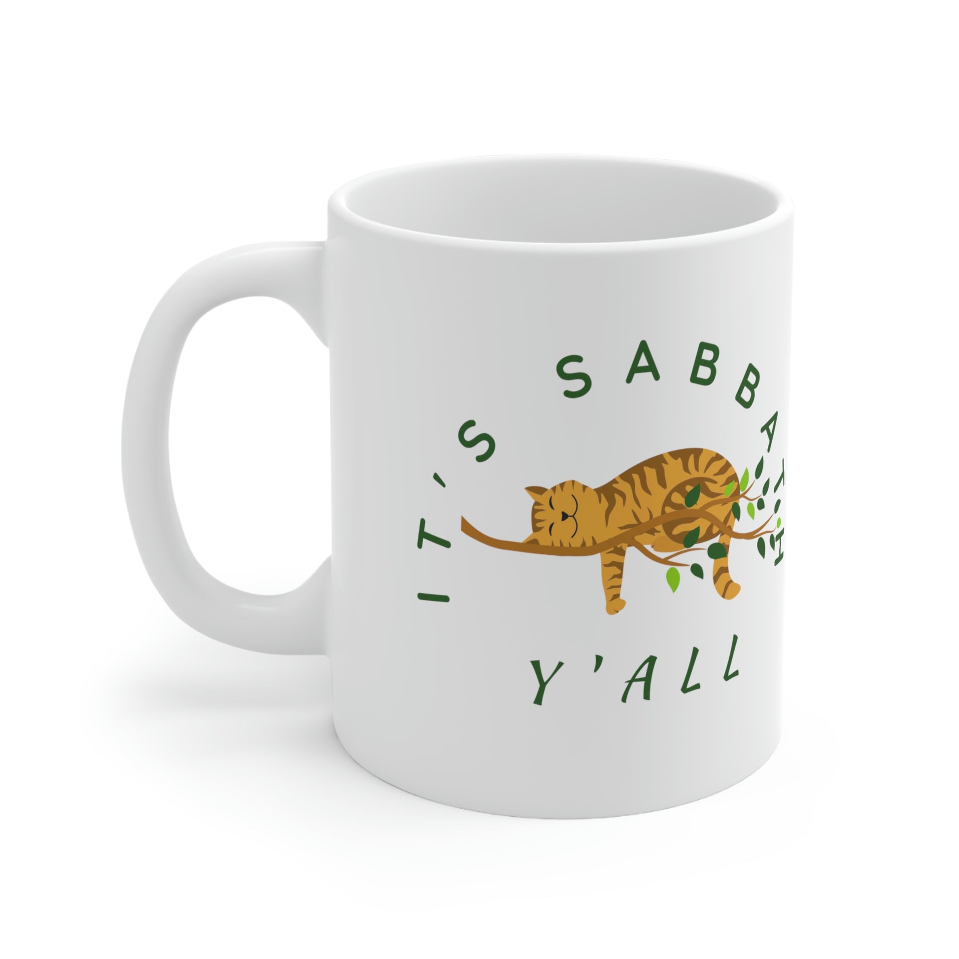 mug with cat resting in tree, reads "It's Sabbath Y'all"*** See Matching Tee, Notebook and Tote, cat lovers gift, 4th Commandment gift mug, 7th Day gift mug,  