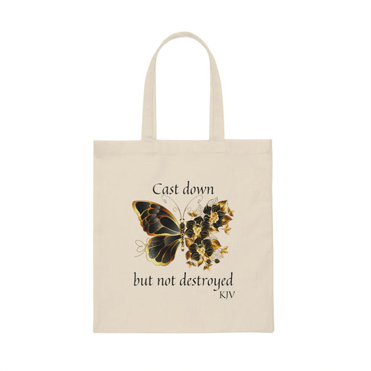 Canvas tote bag with black and gold butterfly and reads Cast down but not destroyed-*** See Matching Tee, Mousepad, Mug and Notebook, butterfly lovers tote bag gift, Inspirational tote bag, gift tote for depressed person to help uplift, Christian gift, 