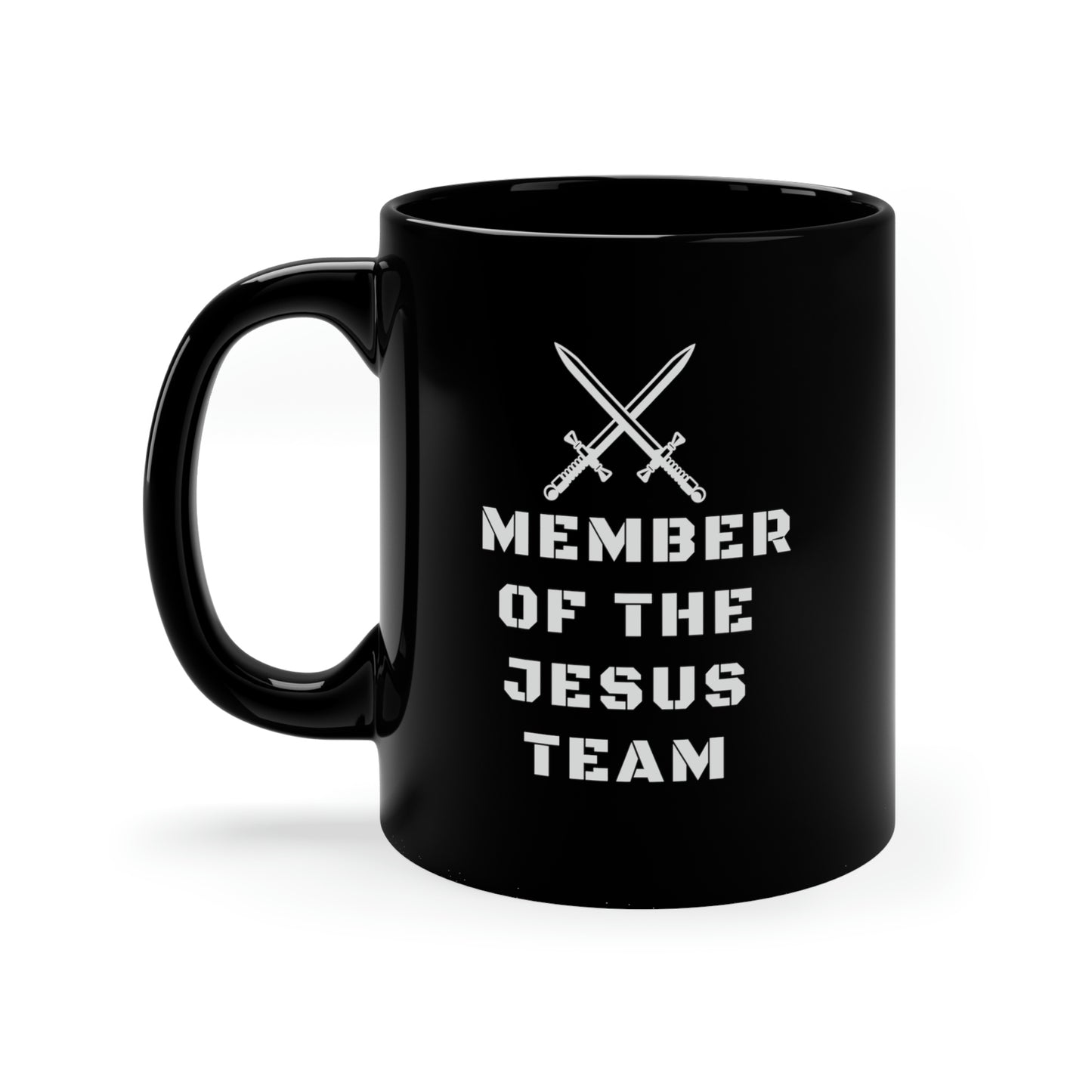 black coffee mug with white letters and two crossed swords and reads "Member of the Jesus Team", Baptism gift, graduation gift, new Christian mug,  gift for him or her, Christian gift mug, religious office decor