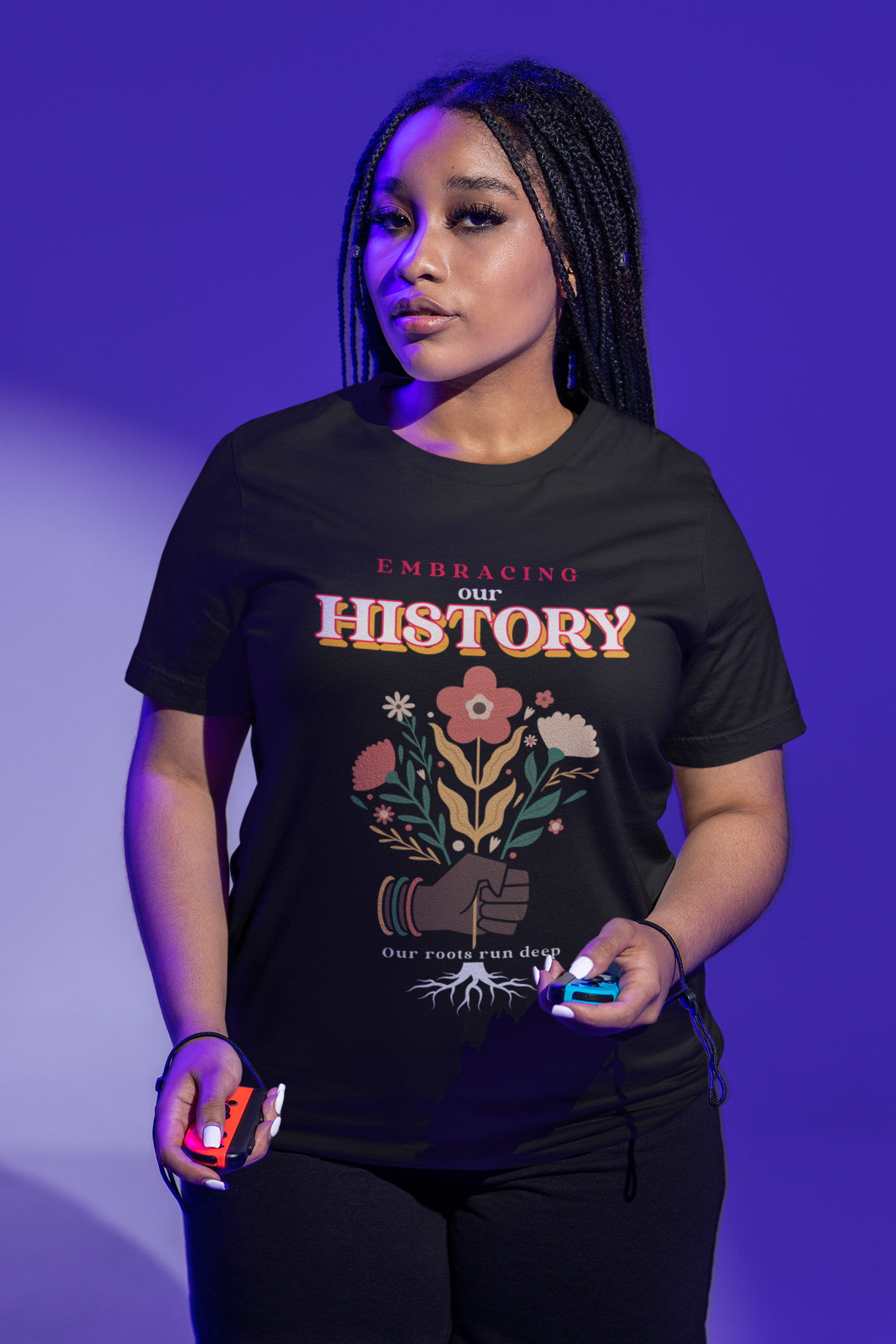 woman wearing colorful tee that reads-Embracing Our History-Black History Month tshirt, gift for teachers, family gift tee, educational tshirt, inspirational tee gift , available in many colors