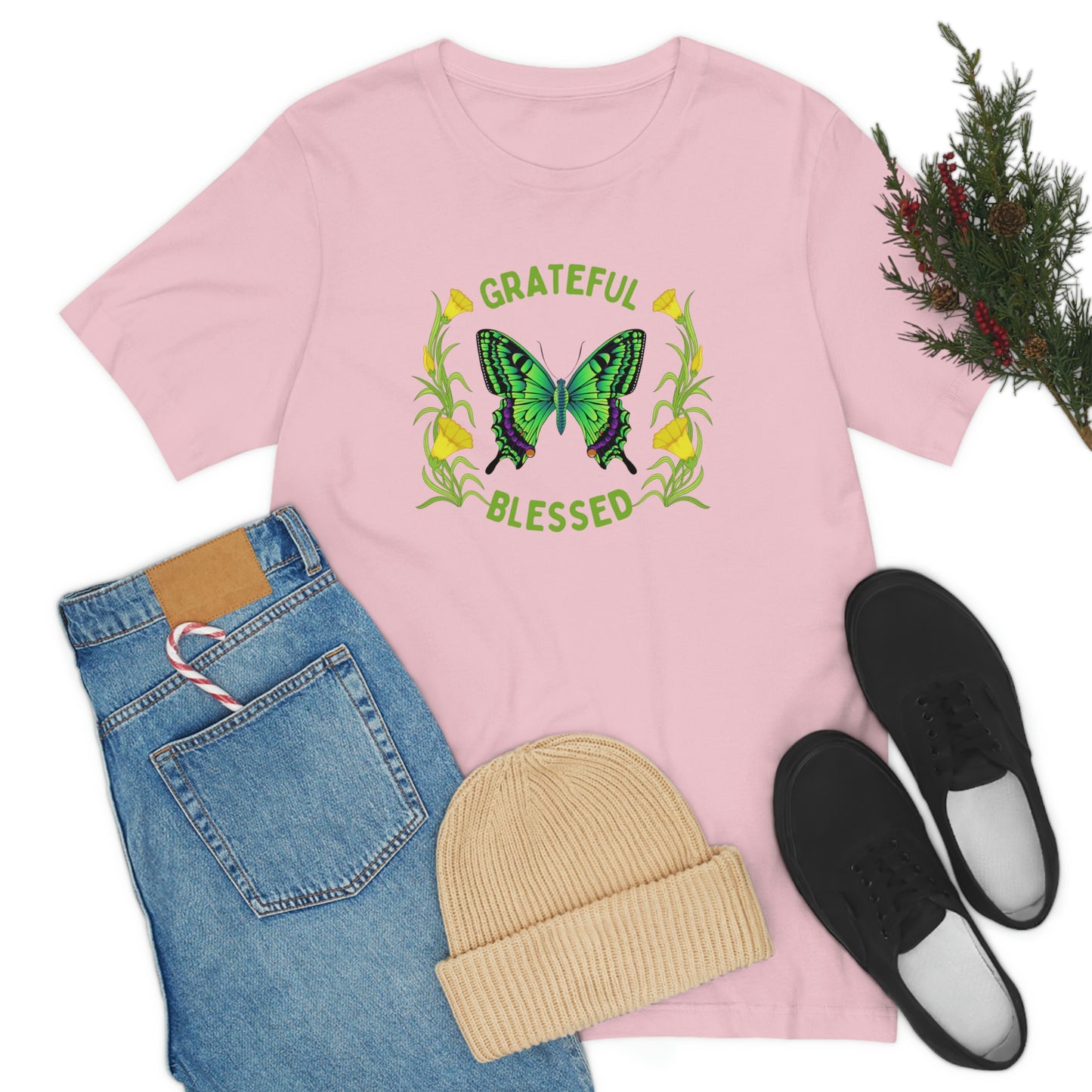 Grateful, Blessed-Christian women's butterfly tee, Bible gift, Inspirational t-shirt, gift for mom, motivational t-shirt