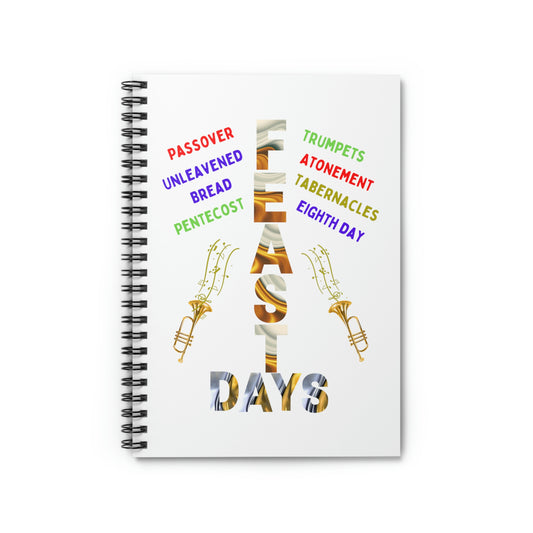 colorful notebook reads FEAST DAYS, with the names of the Biblical Feasts written on cover, trumpets on cover, *** See Matching Tee, Mousepad, Mug and Notebook, available in other colors, perfect spiritual gift for sermon note taking, Bible verse prayer journal, Bible tools book, Scripture Feasts notebook, gift for him or her.