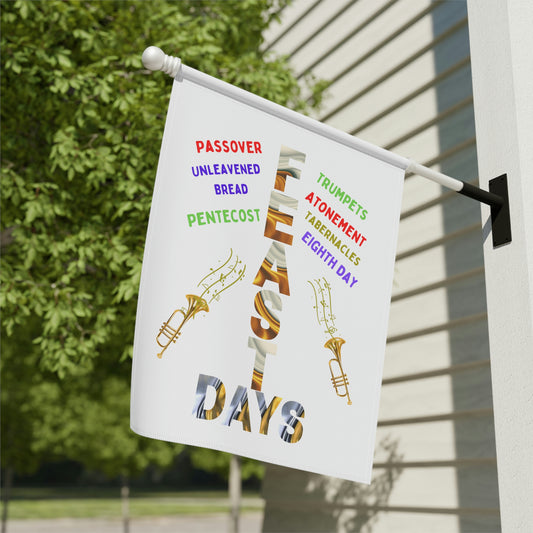 outdoor garden flag colorful that reads "Feast Days- Garden flag feast days, House gift for religious holiday party, Bible flag, outdoor Hebrew yard decor, Transform your homestead or garden with a simple addition – this beautiful banner. *** See matching Tee, Tote, Mugs, Notebooks and Mousepad