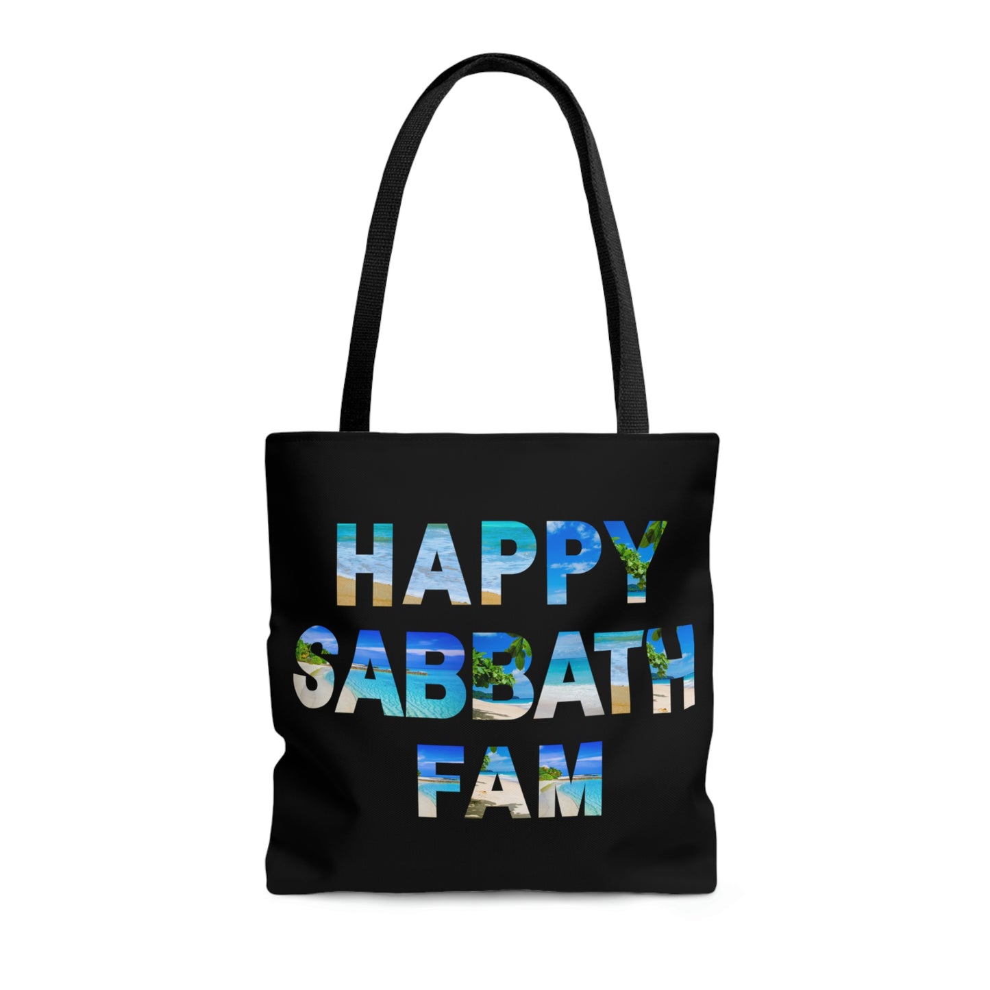 Religious all over print tote bag, black with beach/water print letters, reads " Happy Sabbath Fam", Sabbath keeping family tote bag, *** See Matching Tee, Mug, and Notebook, gift for Bible Christians, gift for student or teacher, Baptismal gift bag, Sabbath keeper tote bag, 4th Commandment gift tote bag, 7th Day gift tote bag. 