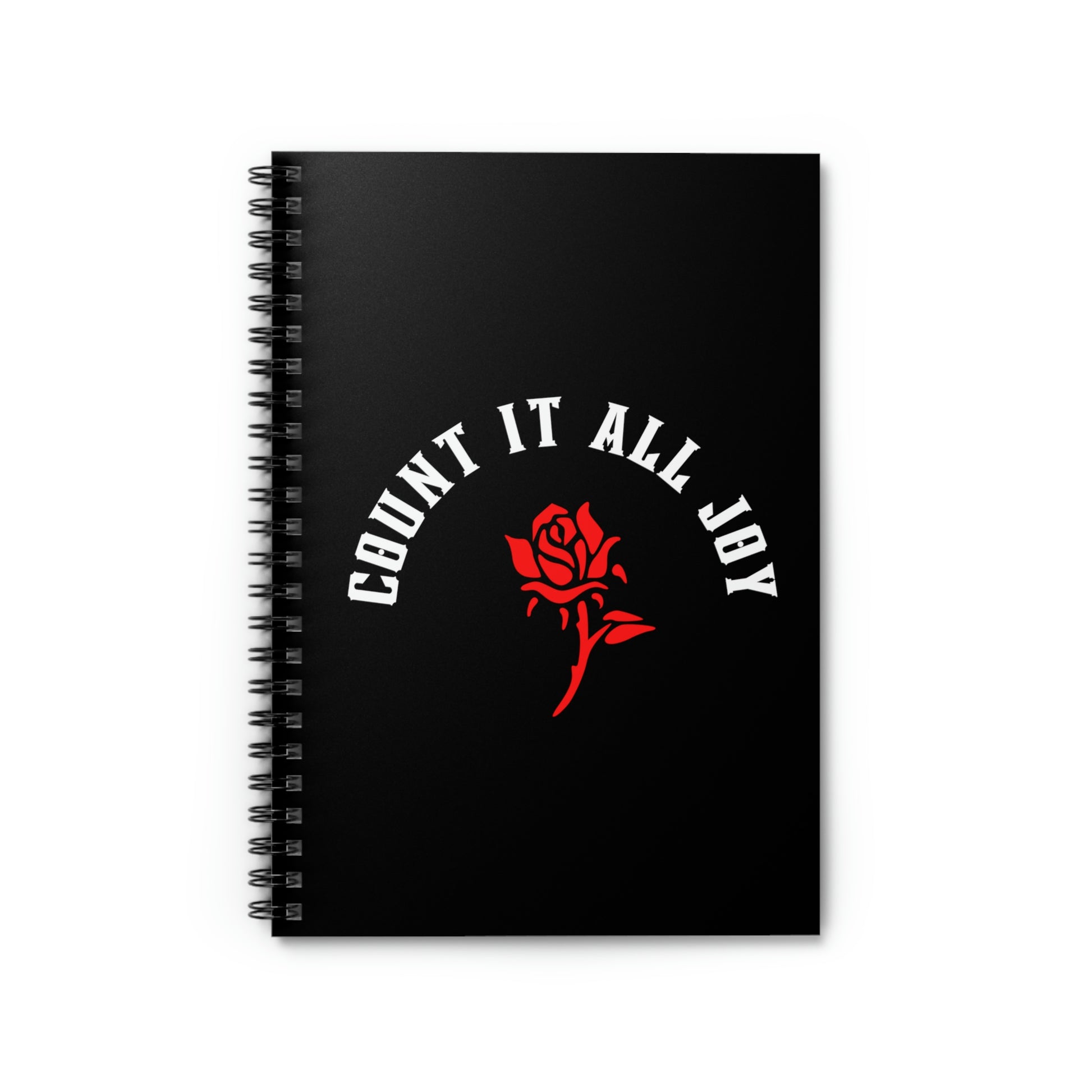 cute black journal with white writing and a red rose reads " Count it all Joy" James 1:2 scripture dairy,***See Matching Tee and Mug, Bible study journal for women, Gratitude journal for Christians, widows journal, Faith gift, Motivational journaling gift for the weary and downtrodden. 