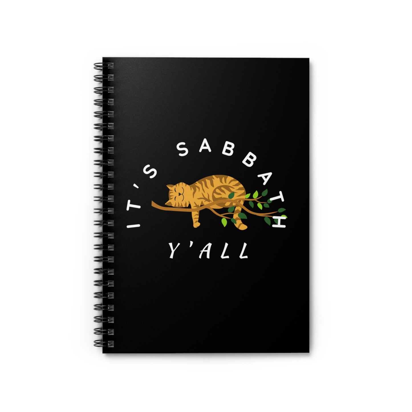 black journal with cat sleeping in tree, reads " It's Sabbath Y'all", cat lovers journal, ** See Matching Tee, Mousepad, Mug, Christian gift for Bible study, Day of rest prayer journal, therapy dairy, Gratitude Bible believers notebook, Bible study tool, Scripture verse journal.