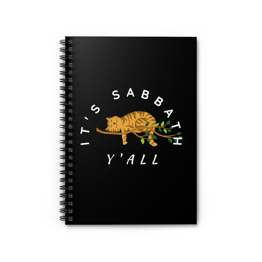 black journal with cat sleeping in tree, reads " It's Sabbath Y'all", cat lovers journal, ** See Matching Tee, Mousepad, Mug, Christian gift for Bible study, Day of rest prayer journal, therapy dairy, Gratitude Bible believers notebook, Bible study tool, Scripture verse journal.