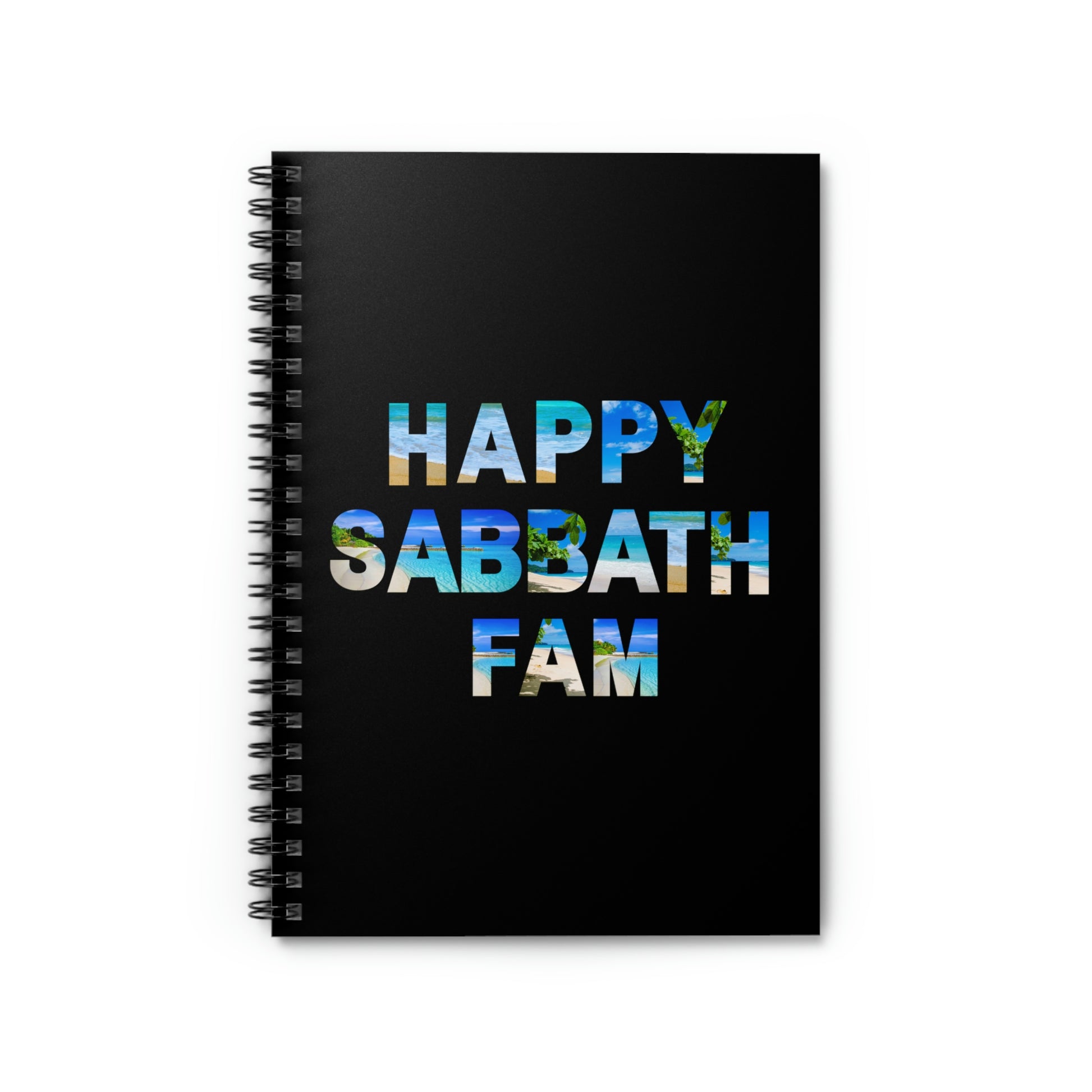 cute black journal with beach scene letters and reads " Happy Sabbath Fam"** See Matching Tee, Mug and Notebook, Sabbath dairy, Christian note taking journal, Feast dairy, Faith Scripture gift, gift for him or her, Gratitude journal, Bible 4th Commandments notebook, 7th Day Bible gift.  