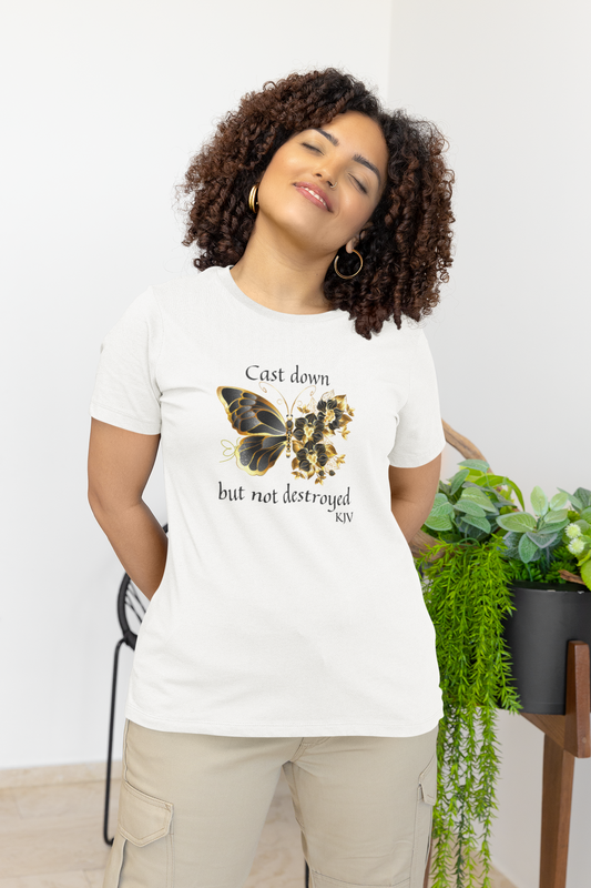 woman smiling wearing butterfly tee that reads-Cast down, but not Destroyed Christian women's tshirt , butterfly lovers tee, mental health tshirt, self love t-shirt, Bible gift, Jesus shirt, faith tee *** See Matching Mug and Notebook and Mousepad,