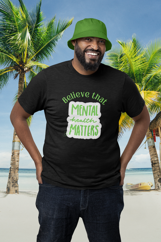 smiling man wearing tee that reads-Believe that Mental Health Matters , mental health awareness week tshirt, gift for therapist, counselor gift, inspirational tshirt,,Christian family tee .SEE MATCHING MOUSEPAD 