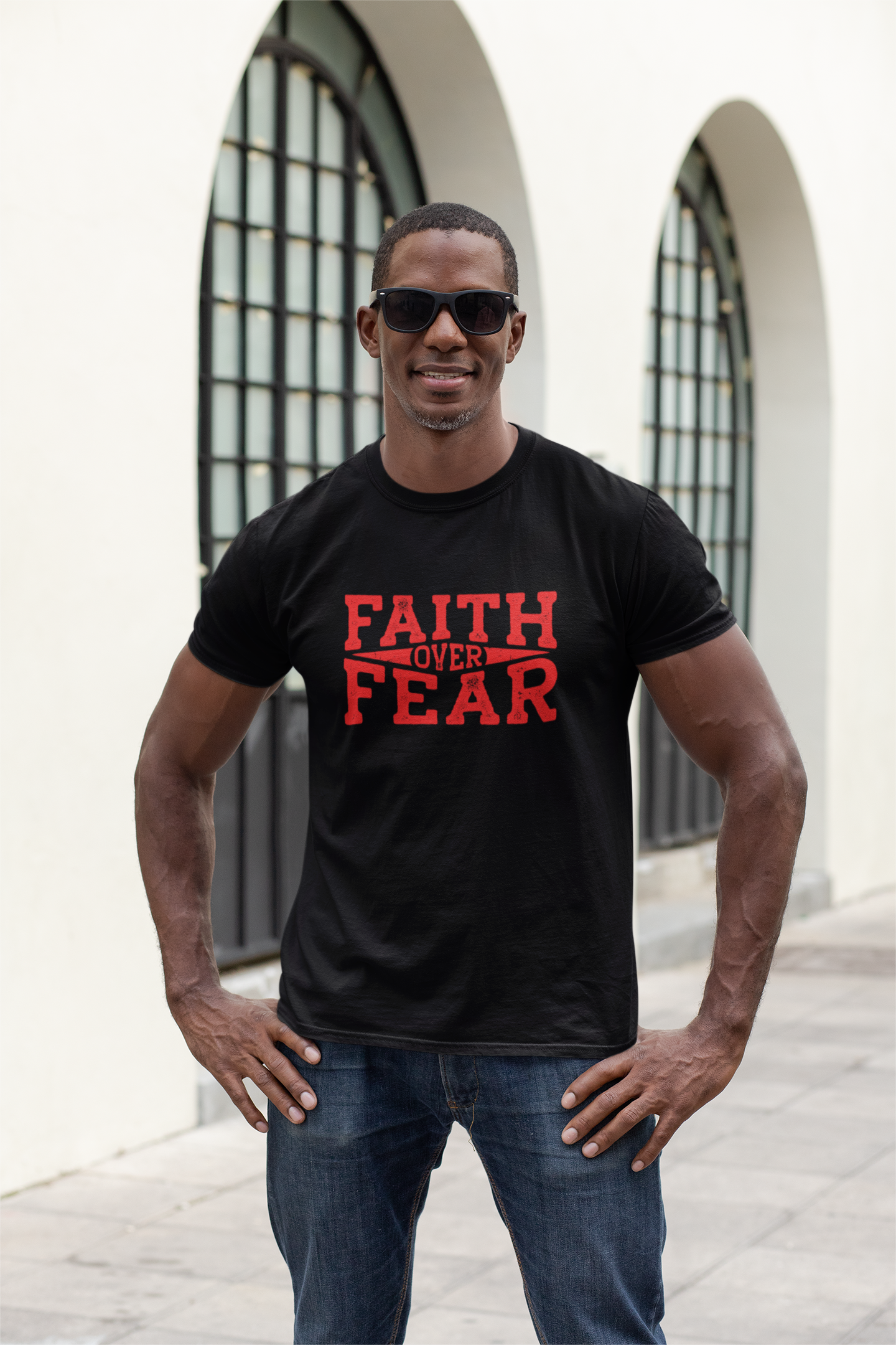 man wearing black tee with red writing which reads-Faith over Fear (red) inspirational tshirt, Christian gift tee, motivational graphic tee, Bible tee, heart health tee,**see matching mug,