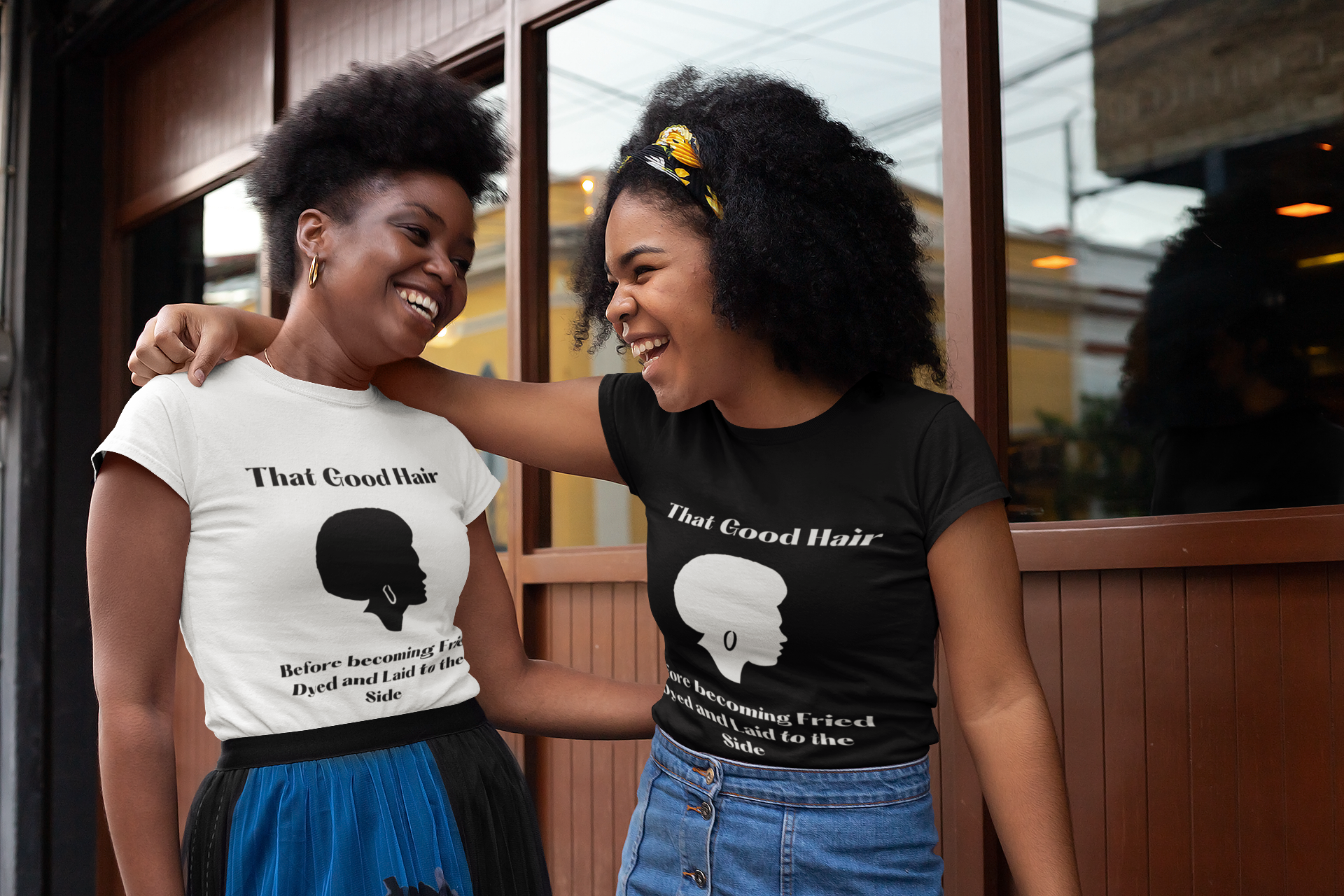 friends laughing wearing tee shirts reading- That good hair, befpre becoming fried, dyed, and laid to the side,-Natural hair care gift for hair stylist, gift for cosmetology students, retro afro tshirt , natural hair tshirt for him or her. See Matching Tote, Mug, and Mousepad, many colors available