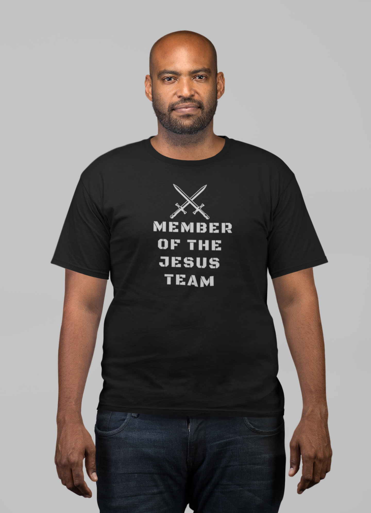 smiling man wearing tee that reads-Member of the Jesus team- Christian tshirt, team gift, Inspirational t-shirt, Bible tee, Jesus tshirt, *** See Matching Mousepad, Mug and Tote.