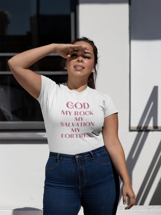 woman wearing shirt which reads-God my Rock, my Salvation, my Fortress -Christian tee for women, Bible tee, Religious gift, faith tshirt, Inspirational t-shirt , many colors available