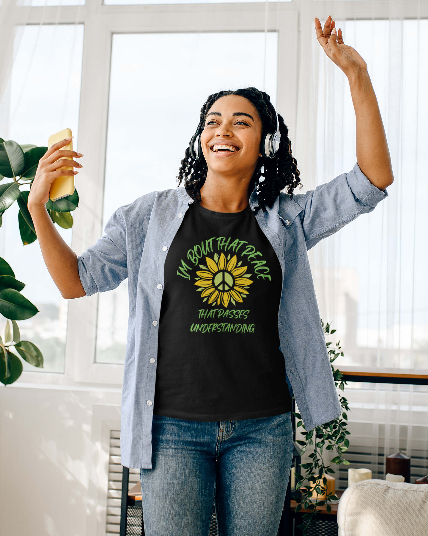 woman with headphones with floral peace symbol on tee, shirt reads "I'm Bout That Peace that Passes Understanding Christian t-shirt, floral peace sign tee, Bible gift, gift for teacher, mothers day gift tee, religious faith tshirt ,***see matching mug,