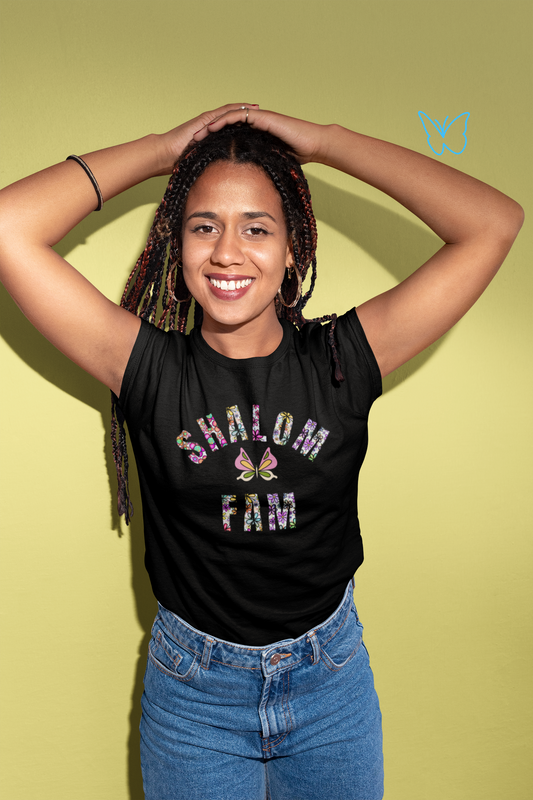 smiling woman with arms over head wearing tshirt that reads-Shalom Fam-Christian inspirational tee, Hebrew shirt, Israelite tshirt, Peace tee, Motivational tshirt, Peace gift. butterfly lovers tee