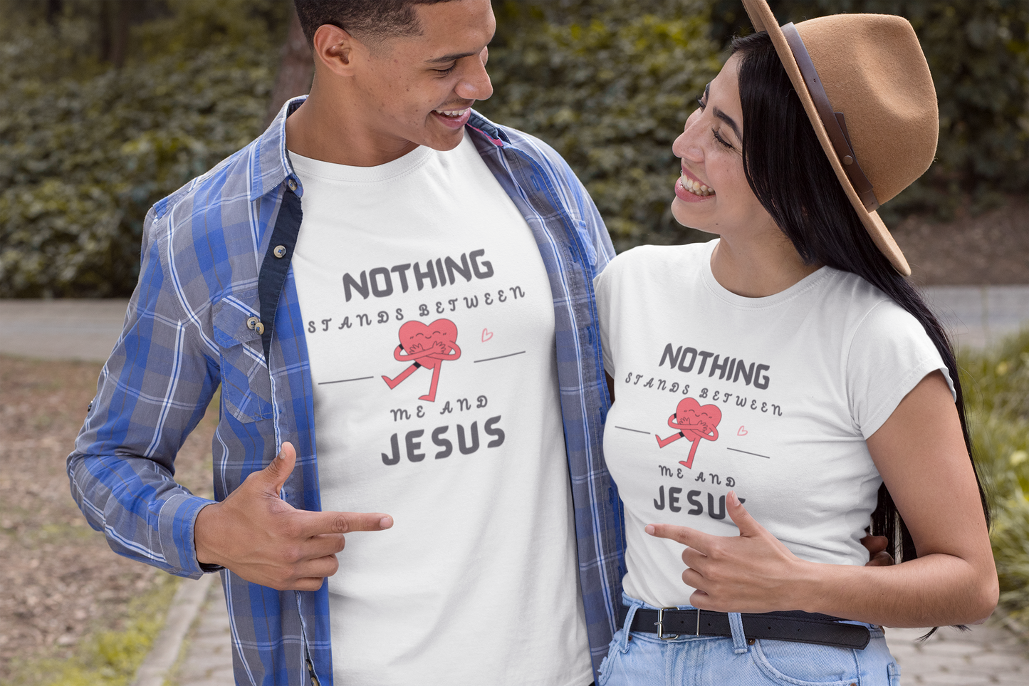 smiling embracing couple wearing tshirts that read-Nothing stands between me and Jesus- Christian t-shirt, Inspirational gift tee, heart health tshirt, women's heath tshirt, men heart disease tshirt, gift for heart week,