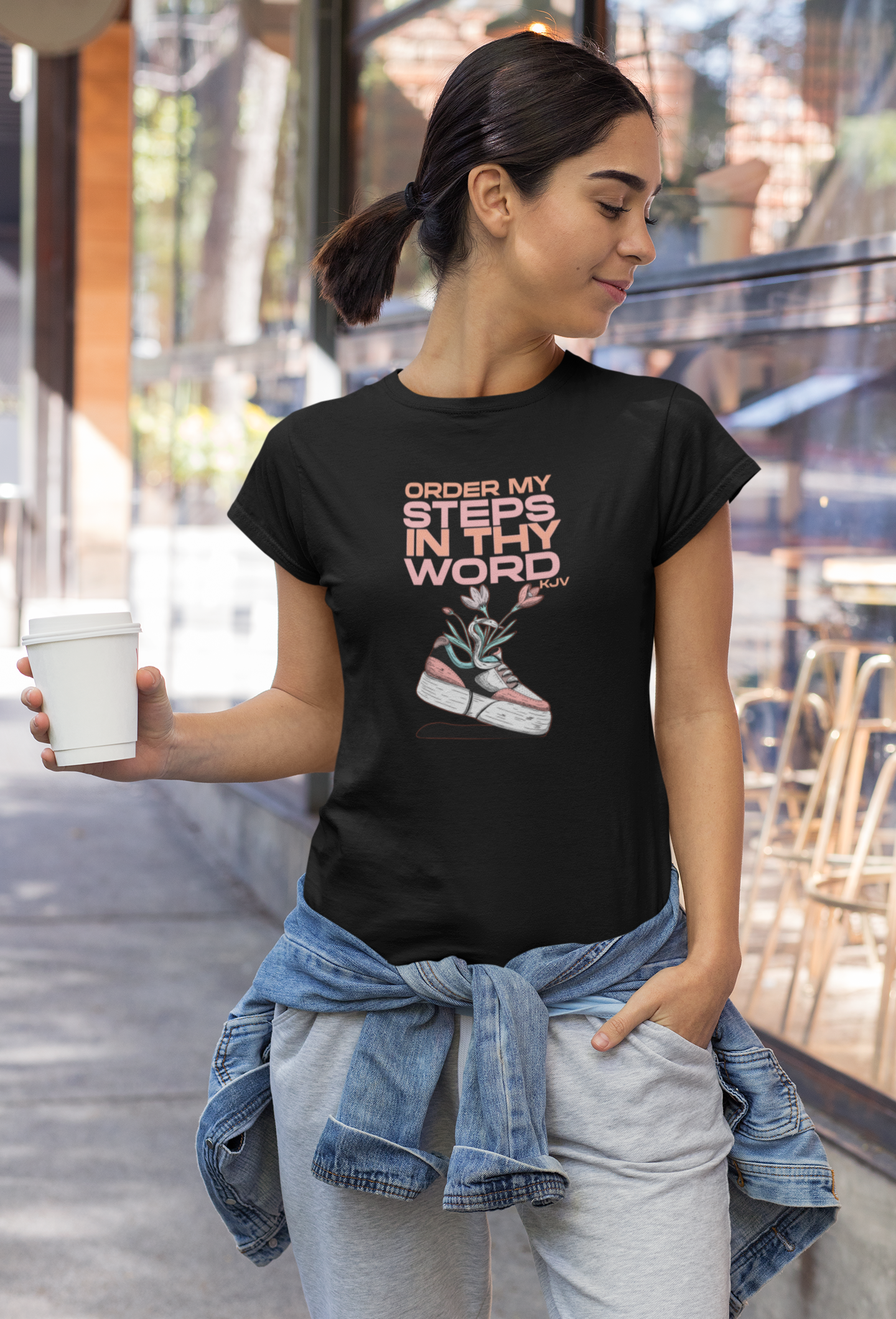 smiling woman holding coffee  cup wearing tshirt that reads-Order my steps in Thy Word -Christian women's tshirt, Faith gift tee, Inspirational tshirt, Jesus tee , many colors available