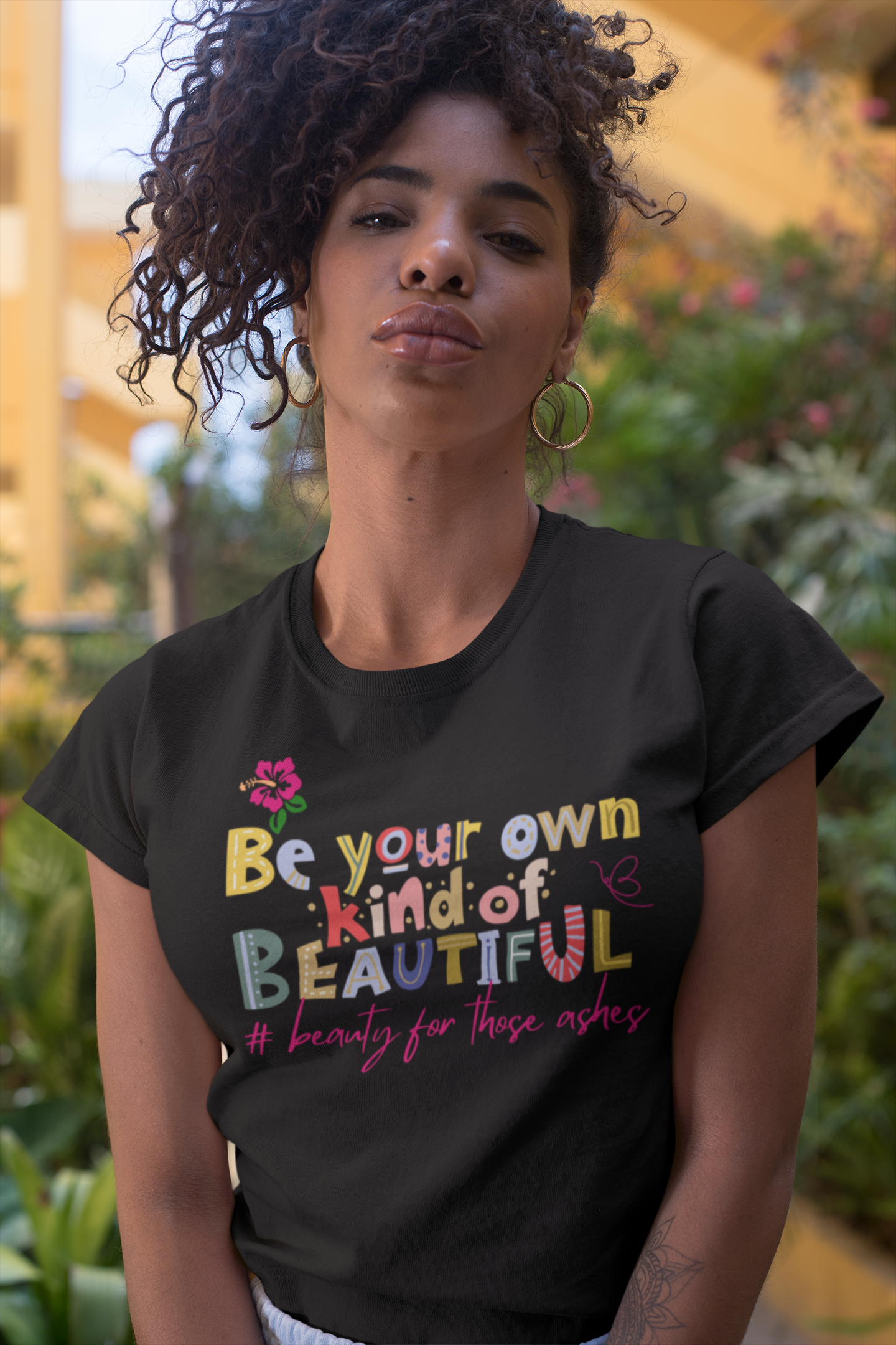 woman wearing colorful tee that reads-Be Your Own Kind of Beautiful inspirational tshirt, gift for family member, mothers day tee, Christian tshirt,