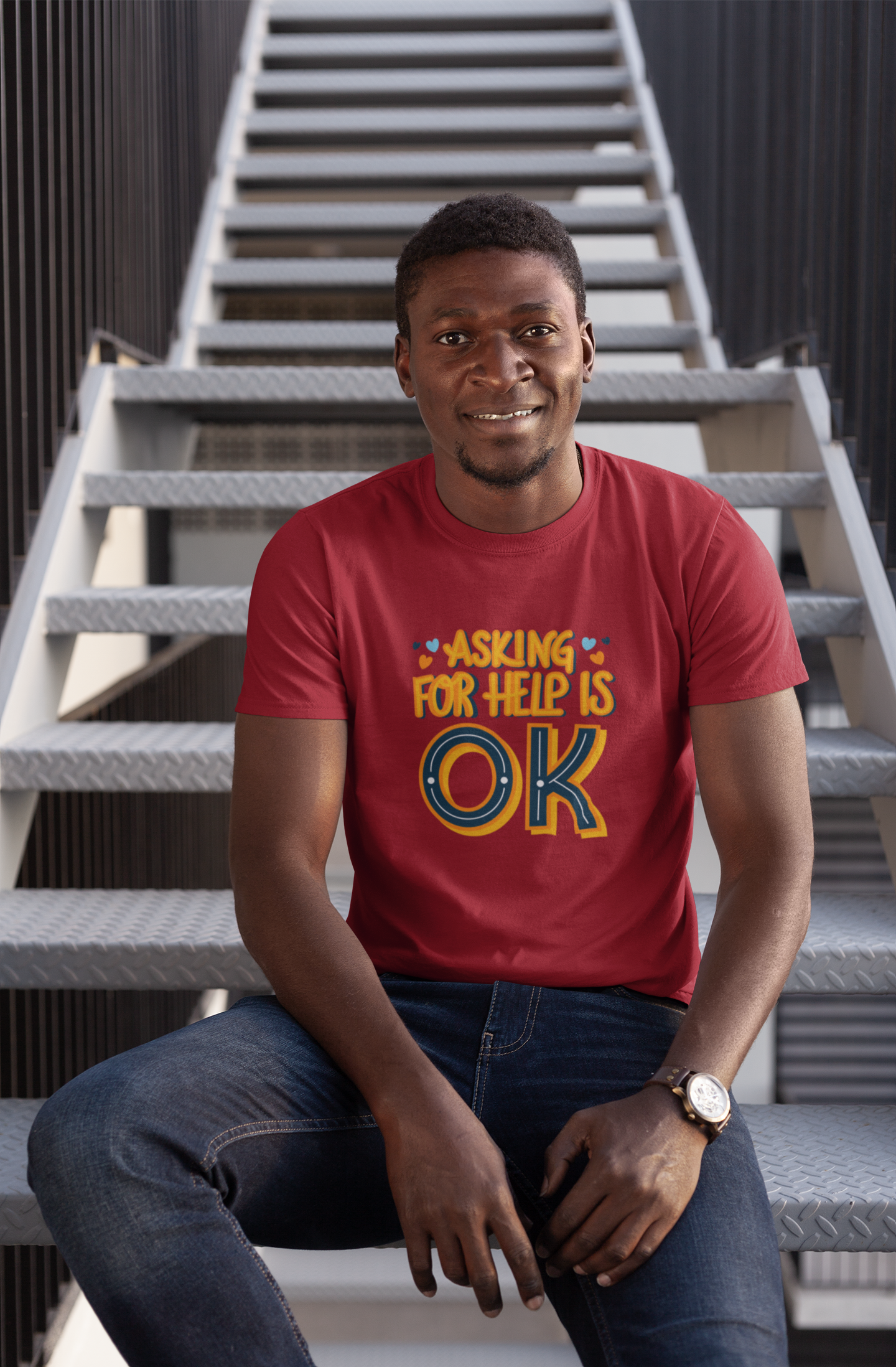 man sitting on stairs with tee that reads" Asking for help is ok"  mental health awareness tee, gift for nurses, therapist shirt, inspirational tshirt, 