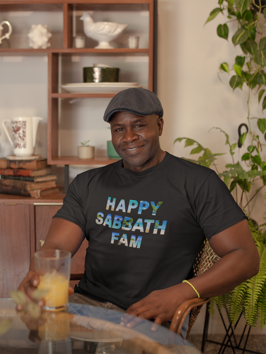 man sitting at table wearing black tee with beach scene letters  which read " Happy Sabbath Fam" available in other colors, Happy Sabbath Fam Religious t-shirt, Christian gift tee, Hebrew tshirt, Sabbath tee, Family graphic tee , Israelite tshirt, gift for mom or dad *** See Matching Tote, Notebook, and Mug,