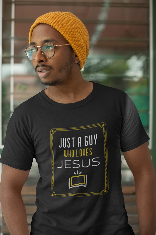 man posing looking to side, wearing tee with Bible in a square and reads-Just a guy who loves Jesus Christian men's t-shirt, Jesus tee, Bible tee, Christian gift, religious dad tee, inspirational tshirt , Father's day gift -*** See Matching Mug and Tote,