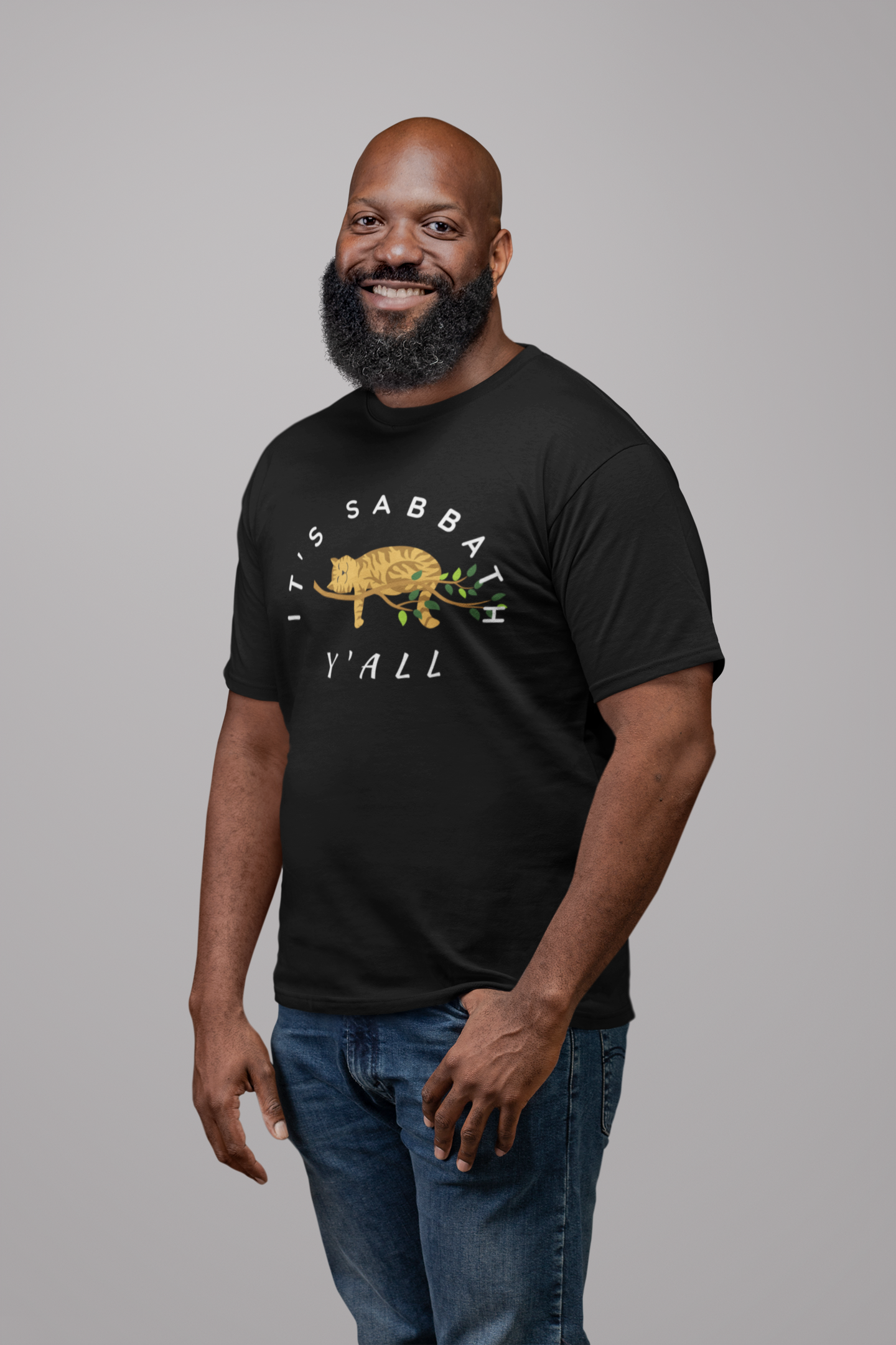 smiling man wearing tshirt with sleeping cat on a tree branch , tee reads-It's Sabbath Y'all 4th Commandment Christian tshirt, Hebrew shirt, Religious tee , Bible gift, Genesis tee, end times shirt, Israelite clothing , family tee,-***See Matching Notebook, Mug, and Tote,